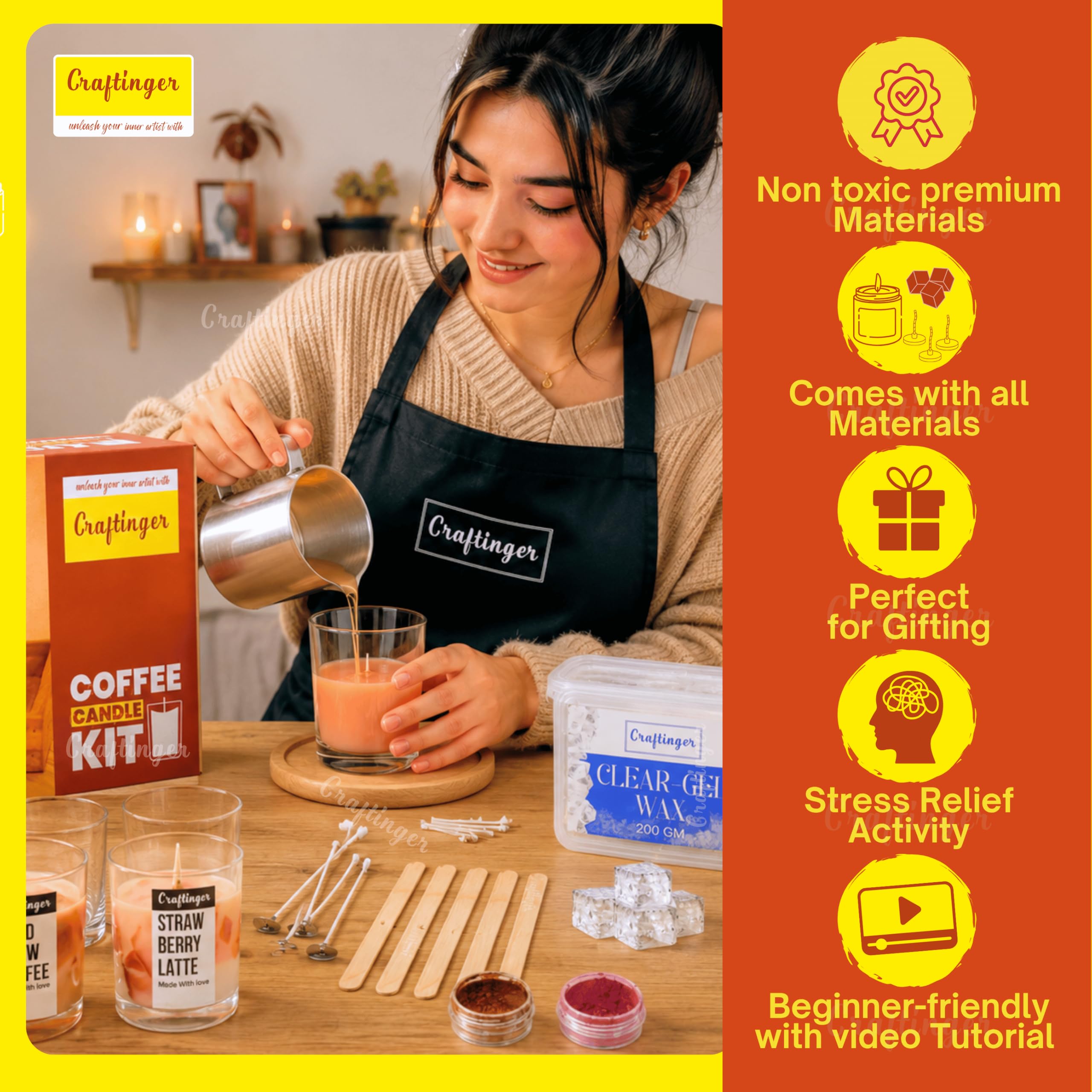 Craftinger DIY Candle Making Kit - Complete Set With 400Gm SOYA Wax, Gel Wax, Jars, Wicks, Pigments, And Labels For Adults & Beginners,Multicolor 1