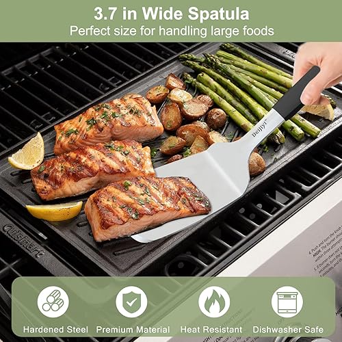 Miniatura 5 de Beijiyi Espátulas de acero inoxidable, juego de 2 espátulas de metal para cocinar con mango de silicona, girador resistente para sartén de hierro