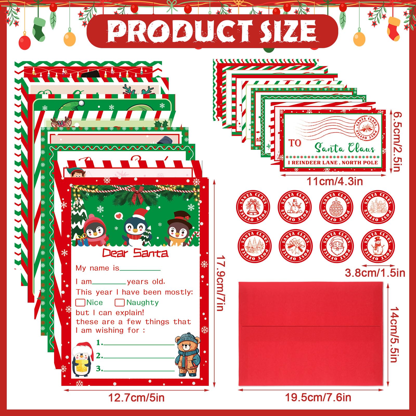 Sinload Kit ufficiale con lettere a Babbo Natale, 512 pezzi, include biglietti di Natale da 12,7 x 17,8 cm, con buste, adesivi, francobolli, lettere a Babbo Natale, per lista dei desideri di Natale