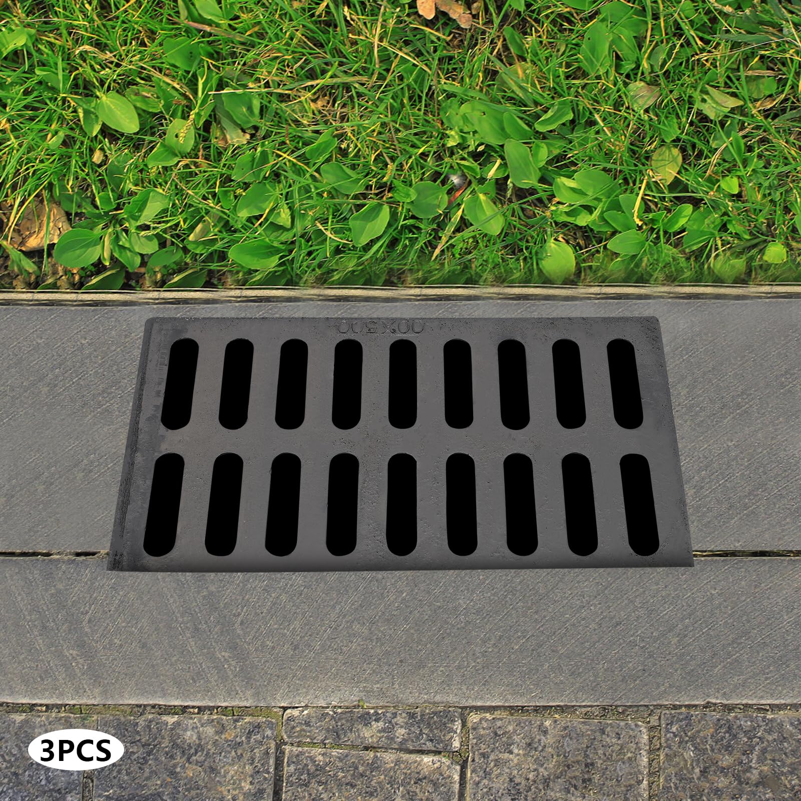 Ductile Iron Drain Grate 20 x 12 Inches 3Pcs Heavy Duty Metal Sewer Cover for Municipal Construction Sites, Black Rectangle Drainage Grate Driveway - 5T Load Capacity