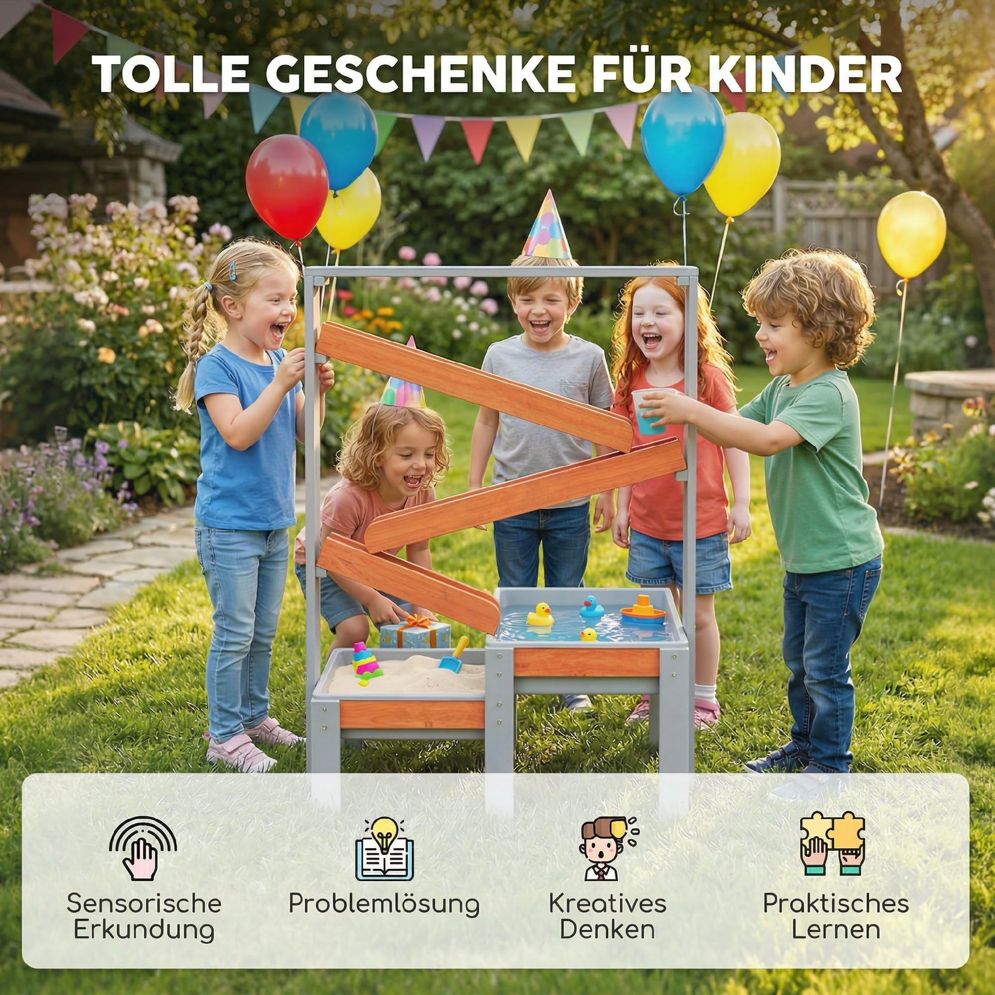 AIYAPLAY Sand Wasserspieltisch Holz, Wasserbahn, Kinder 3-8 Jahre, Grau | Holz Wassertisch, Matschtisch, Strandtisch Sandkastentisch, mit 2 Becken