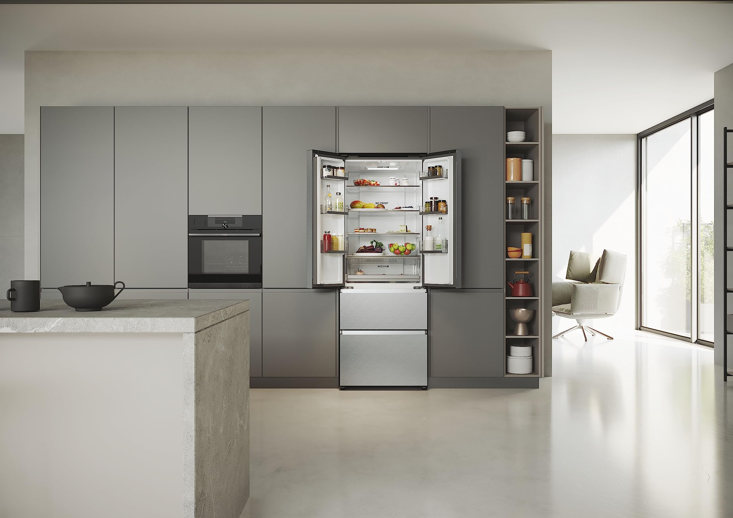 HAIER FD 70 Series 5 HFR5719ENMG - Frigorífico Puerta Francesa, Cajones Direct Access, Circular AirFlow, Motor Inverter, My Zone Plus, Total No Frost, Ancho 70cm, Alto 1,90m, 446L, Luz LED, Inox