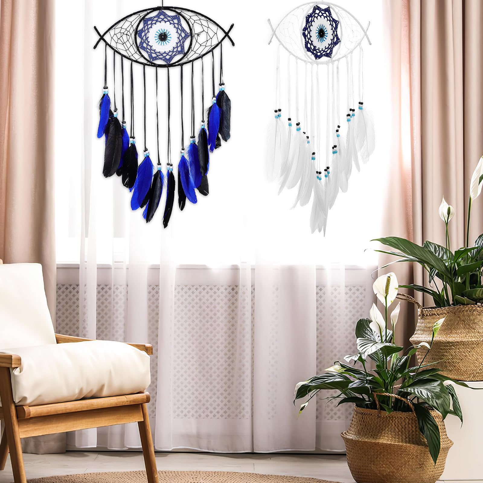 OSALADI 4 Stück Böser Blick Traumfänger mit Eisen Draht und Nylonfaden Federquasten Wanddeko für Schlafzimmer und Wohnzimmer Bringt Glück und Schützt das Zuhause