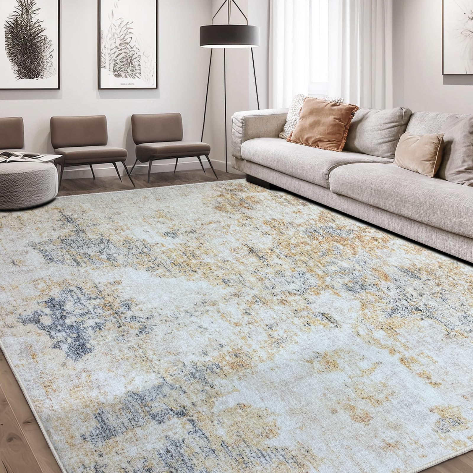 Alfombra Moderna Abstracta para Sala de Estar Dormitorio Comedor Alfombra Suave Antideslizante (120 x 160 cm, Abstracto Gris/Beige/Dorado/Multi)