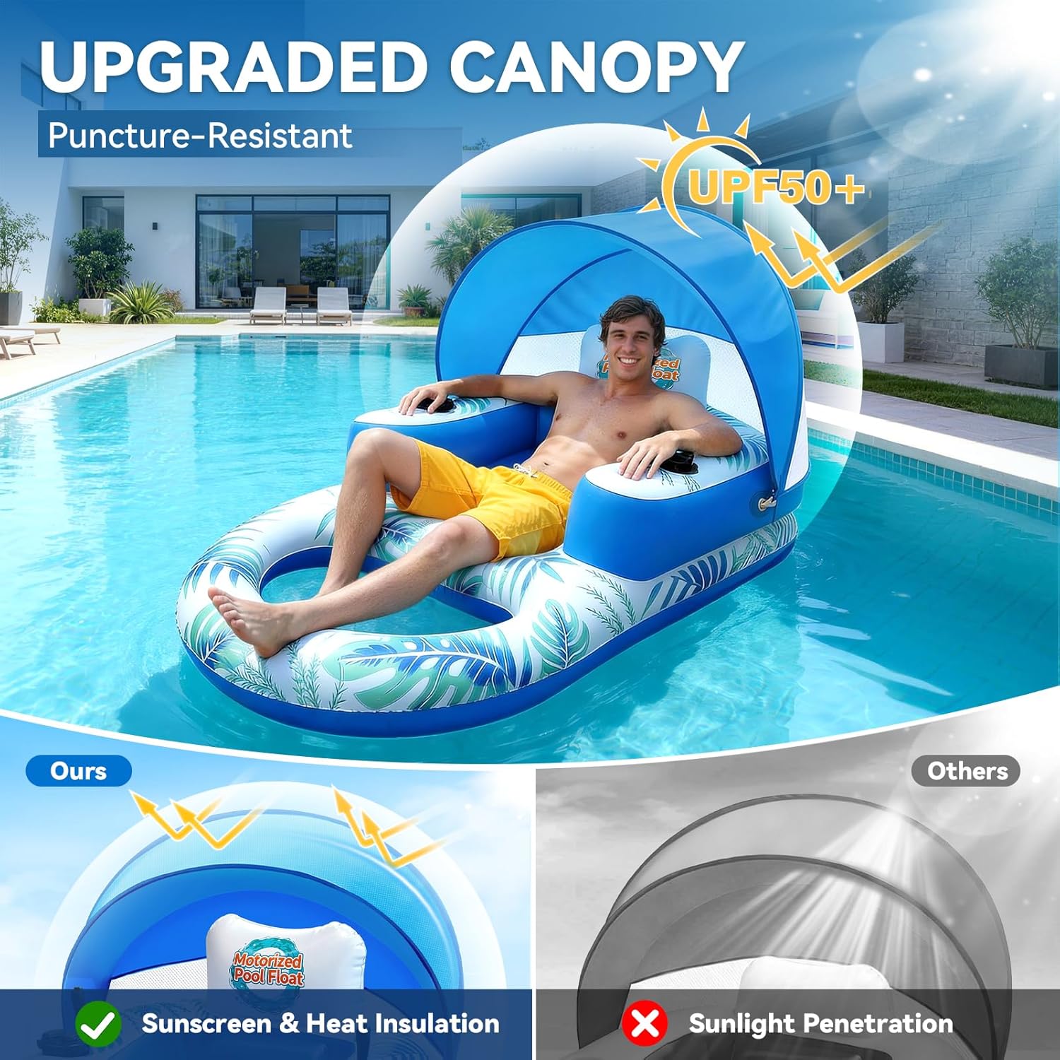 Motorized Pool Float with Canopy, Rechargeable Motorized Floats Lounger for Adults with Dual Motors, Lake Floats Adult Size with Cup Holder for Party
