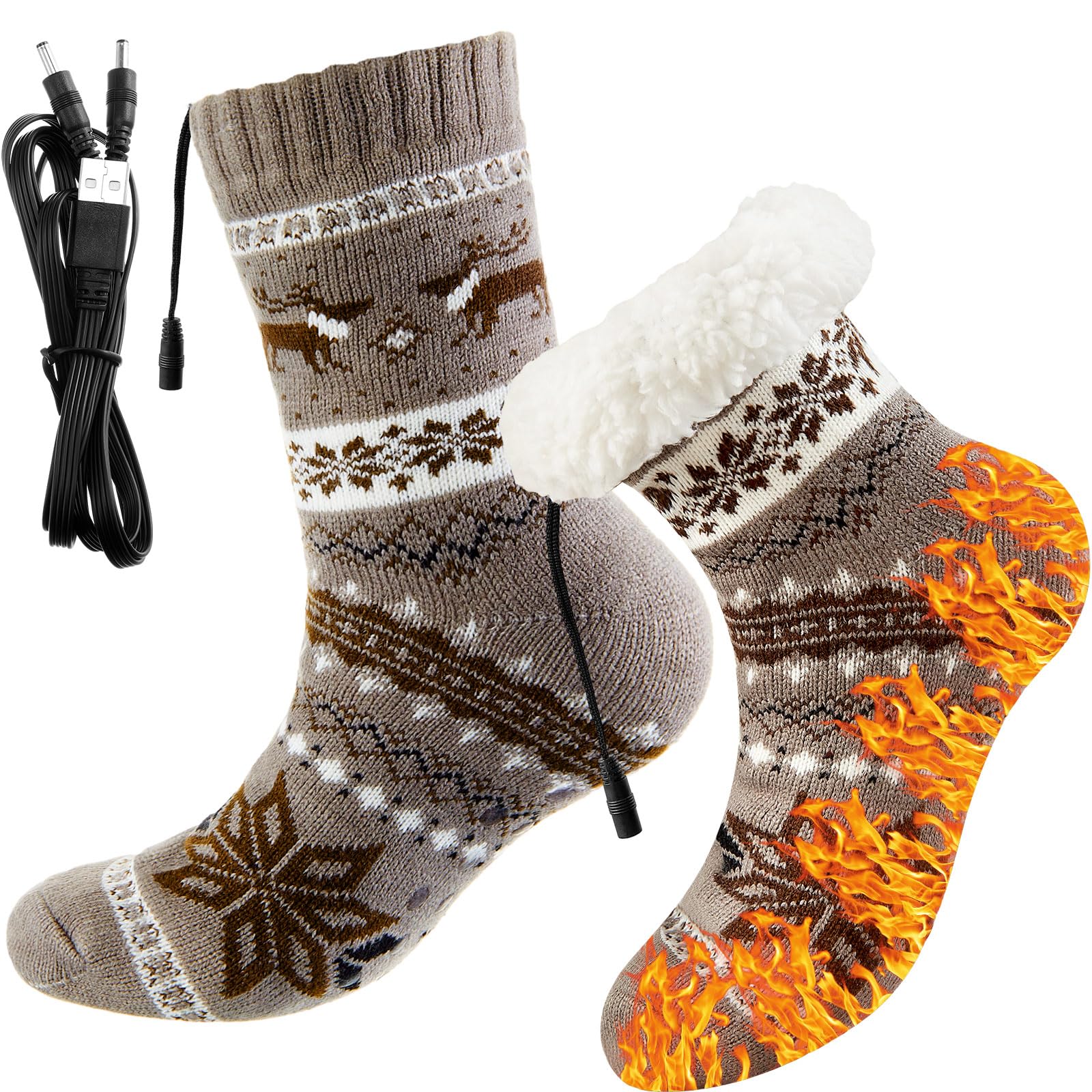 Chicingyou 1 Pair Electric Heated Fleece Socks for Men Women, Winter USB Heating Knitted Socks Foot Heater Anti-Slip pad Thermal Indoor Footwear Foot Warmer Fit for Women's 5-10 Men's 4-8-image-5