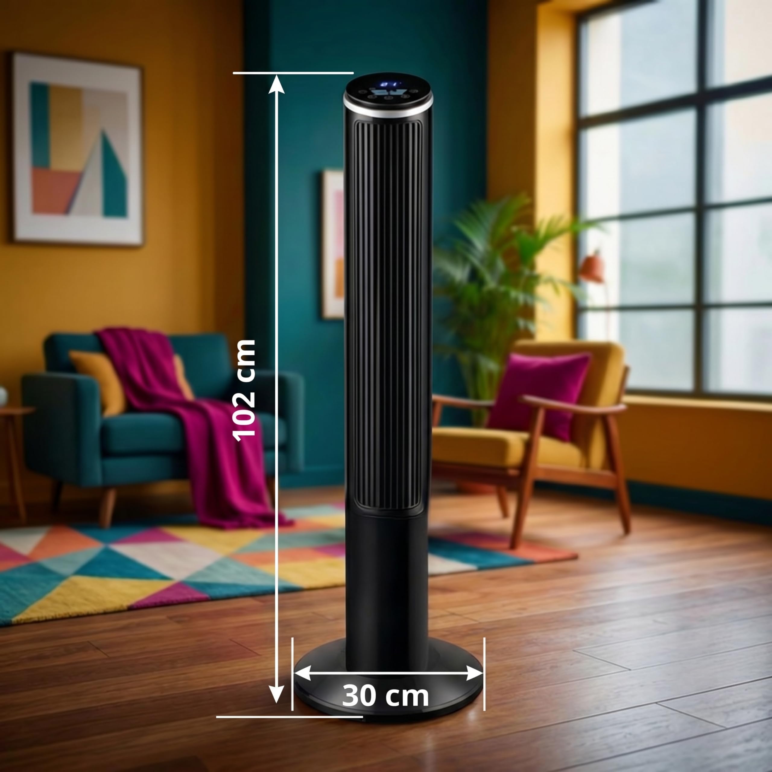 Turmventilator 102cm Standventilator mit Ionisator & Aroma-Clip IONIC, 5,8 m/s Wind, 90° Oszillation, 15h Timer, LED Display mit Temperaturanzeige, 55W, Tower Fan, Ventilator