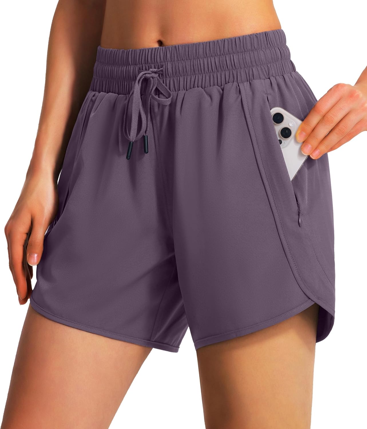 Size L Ksmien Women's 5\" Athletic Running Shorts Quick Dry Lightweight Workout Gym Shorts with Zipper Pockets UPF 50+ Medium Grey Purple