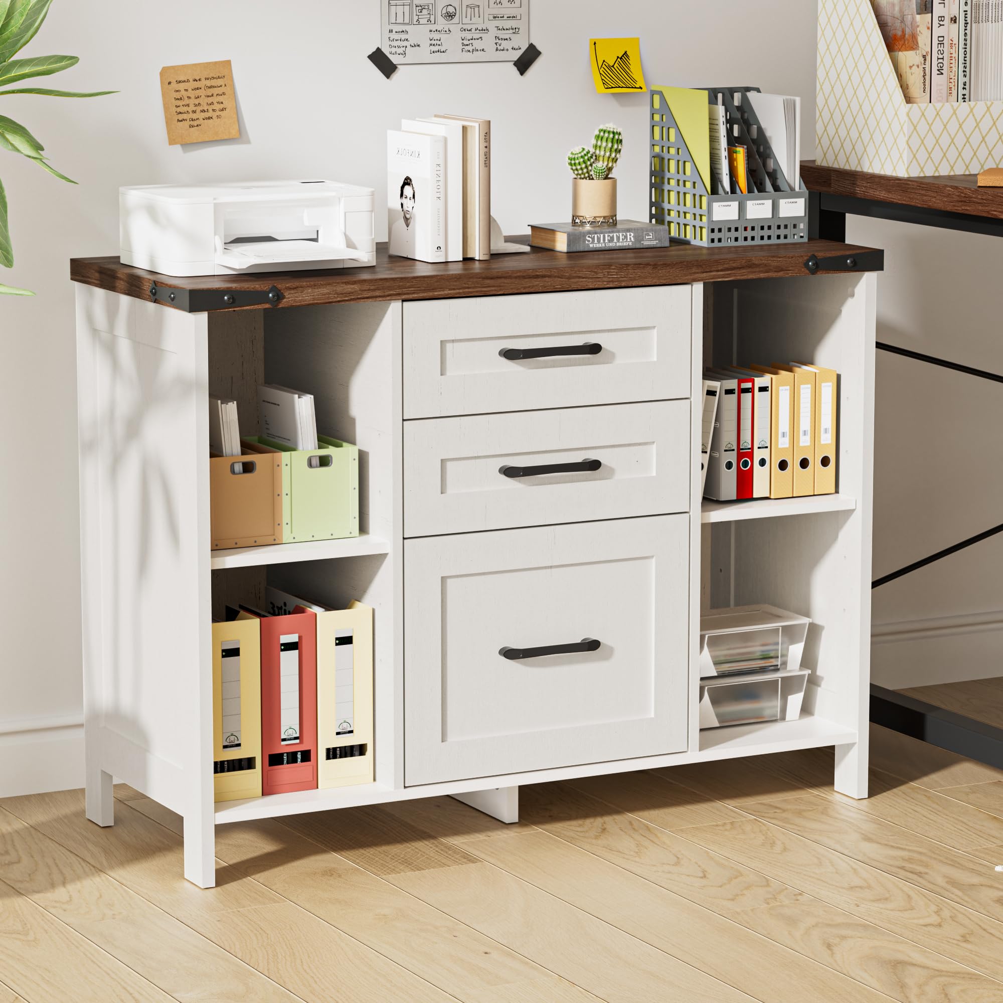 BonVache Aktenschrank mit 3 Schubladen und 4 Offenen Fächern, Schubladenschrank für Büro und Zuhause, Multifunktionsschrank mit Verstellbaren Fächern, 88x35x66CM, Weiß
