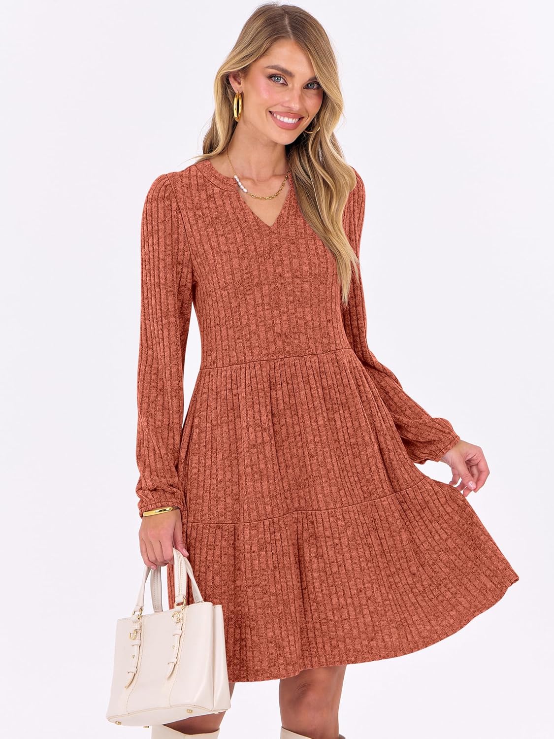 ANRABESS Long Sleeve Dress for Women Fall Fashion Outfits 2025 Casual V Neck Rib Knit Babydoll Sweater Dresses with Pockets - Image 2