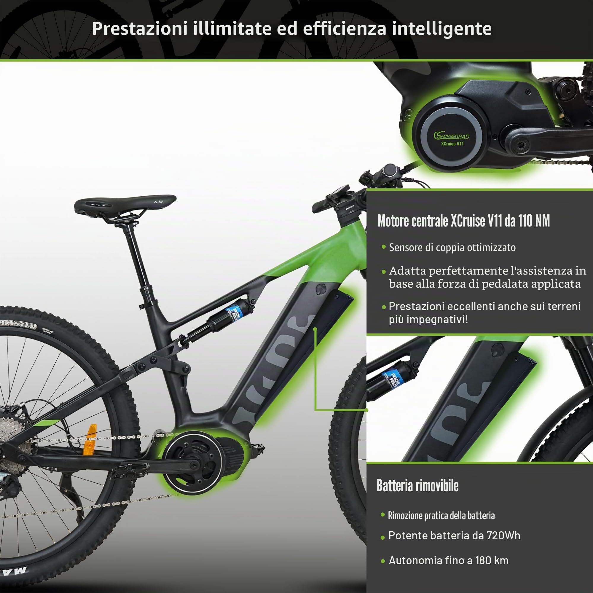 E-Racing Mountain Bike M5 Centro 29" MTB, motore centrale 110Nm, 12 marce, sospensioni ant. e post., Find My, fino a 180 km