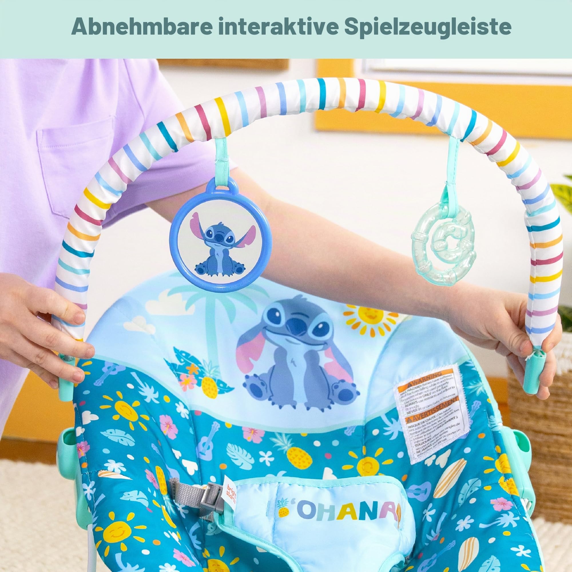 Bright Starts Disney Stitch Ohana Paradise Vibrierende Baby-Wippe, Abnehmbarer Spielbogen, 2 Spielzeuge enthalten, für 0-6 Monate