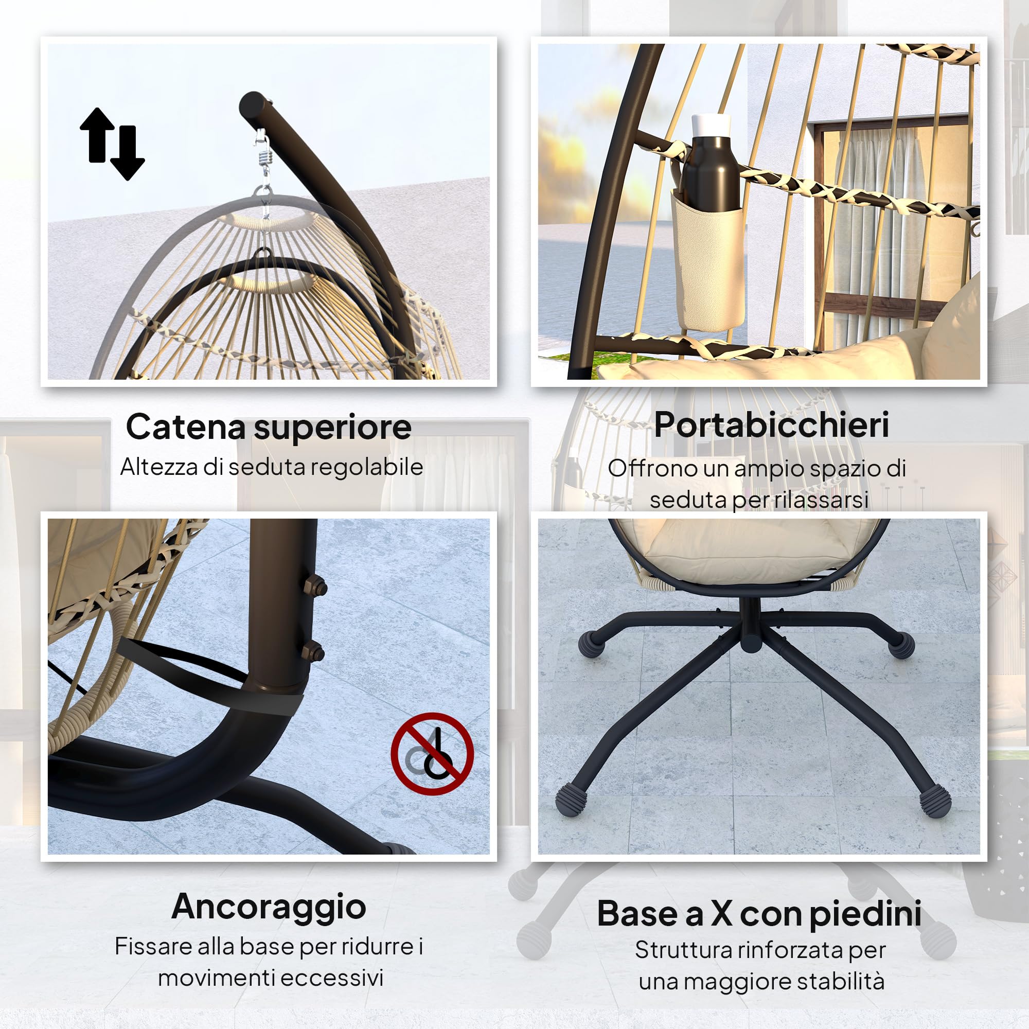 Outsunny Poltrona Sospesa a Uovo 120x88x192 cm Cachi con Gancio Regolabile 2 Cuscini Lavabili Base Acciaio
