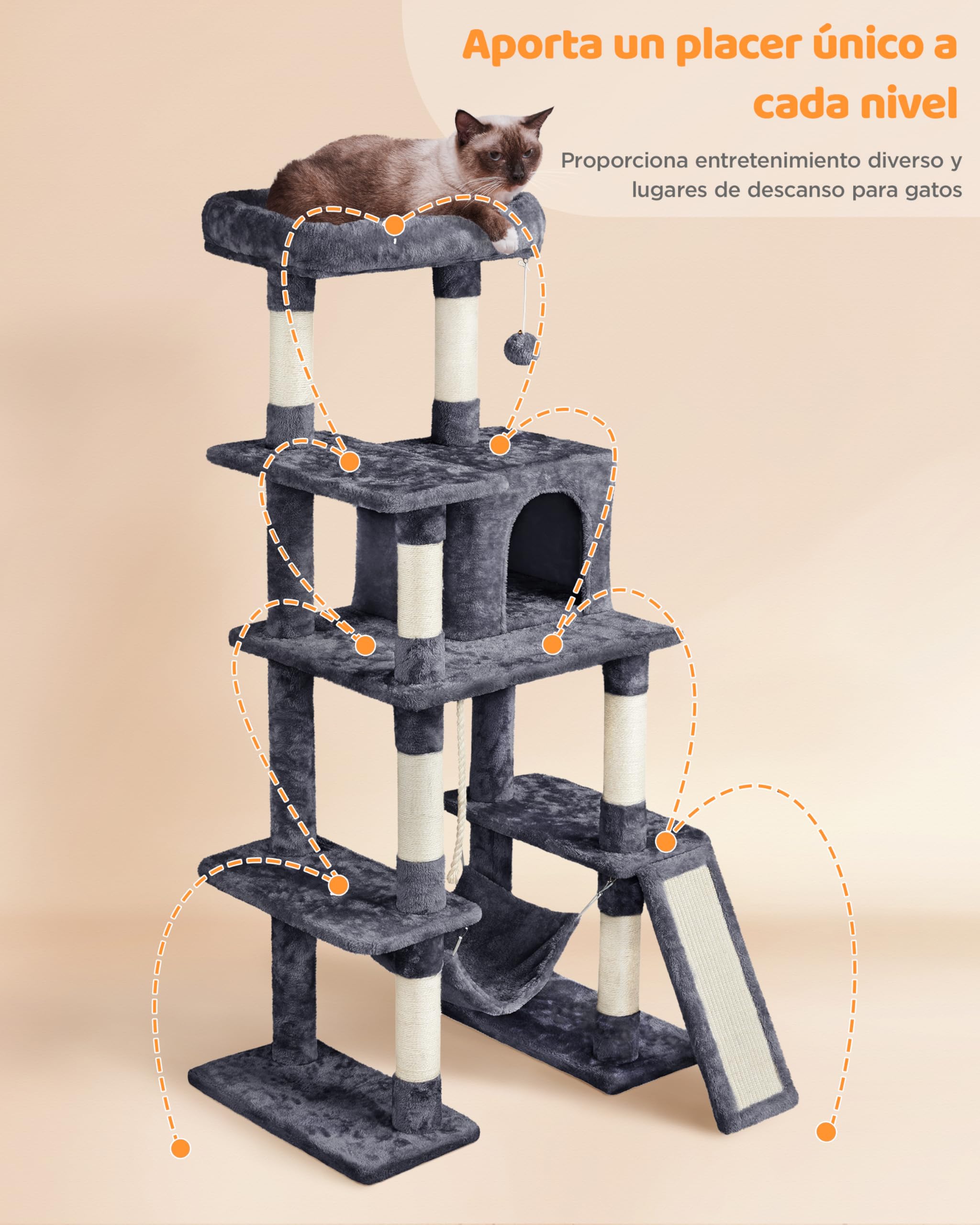 Yaheetech Árbol rascador para Gatos Grandes Torre de Gatos de Altura 159 cm con Múltiples Plataformas Cueva Tela de Felpa Condominio Perchero Hamaca Gris Oscuro