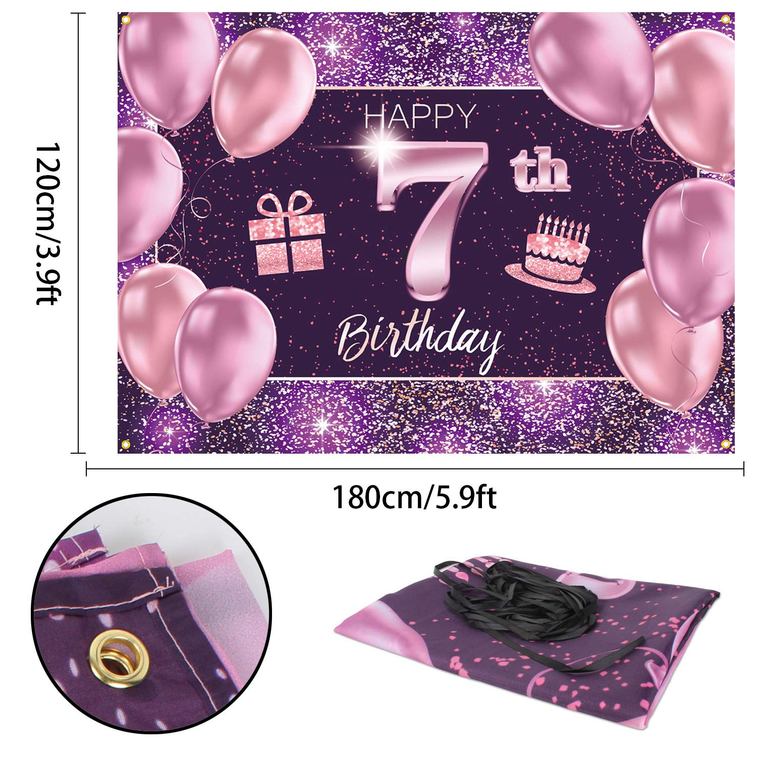 Baner 'Happy 7th Birthday' tło - 7 dekoracje na przyjęcie urodzinowe materiały dla dziewczynki - różowe fioletowe złoto 1,2 x 1,8 m