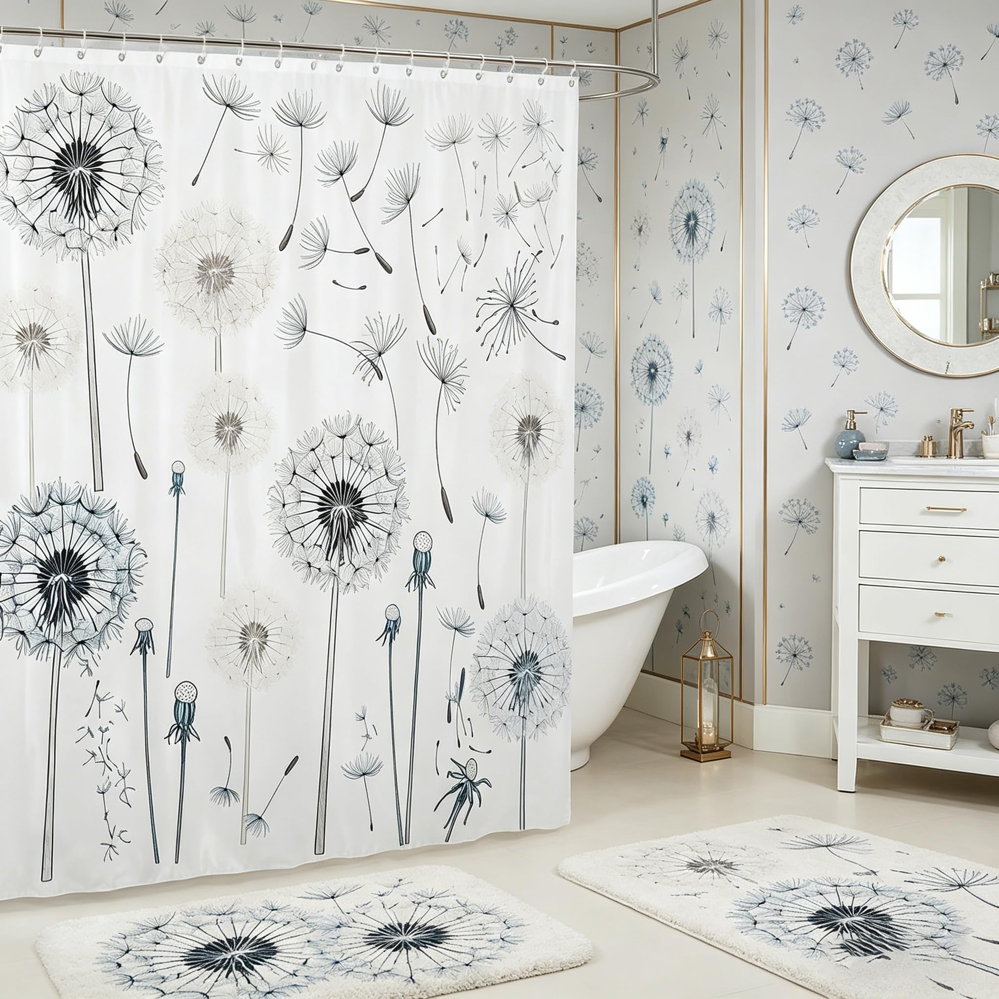 Rideau de bain imperméable imprimé floral pissenlit avec 12 anneaux de douche