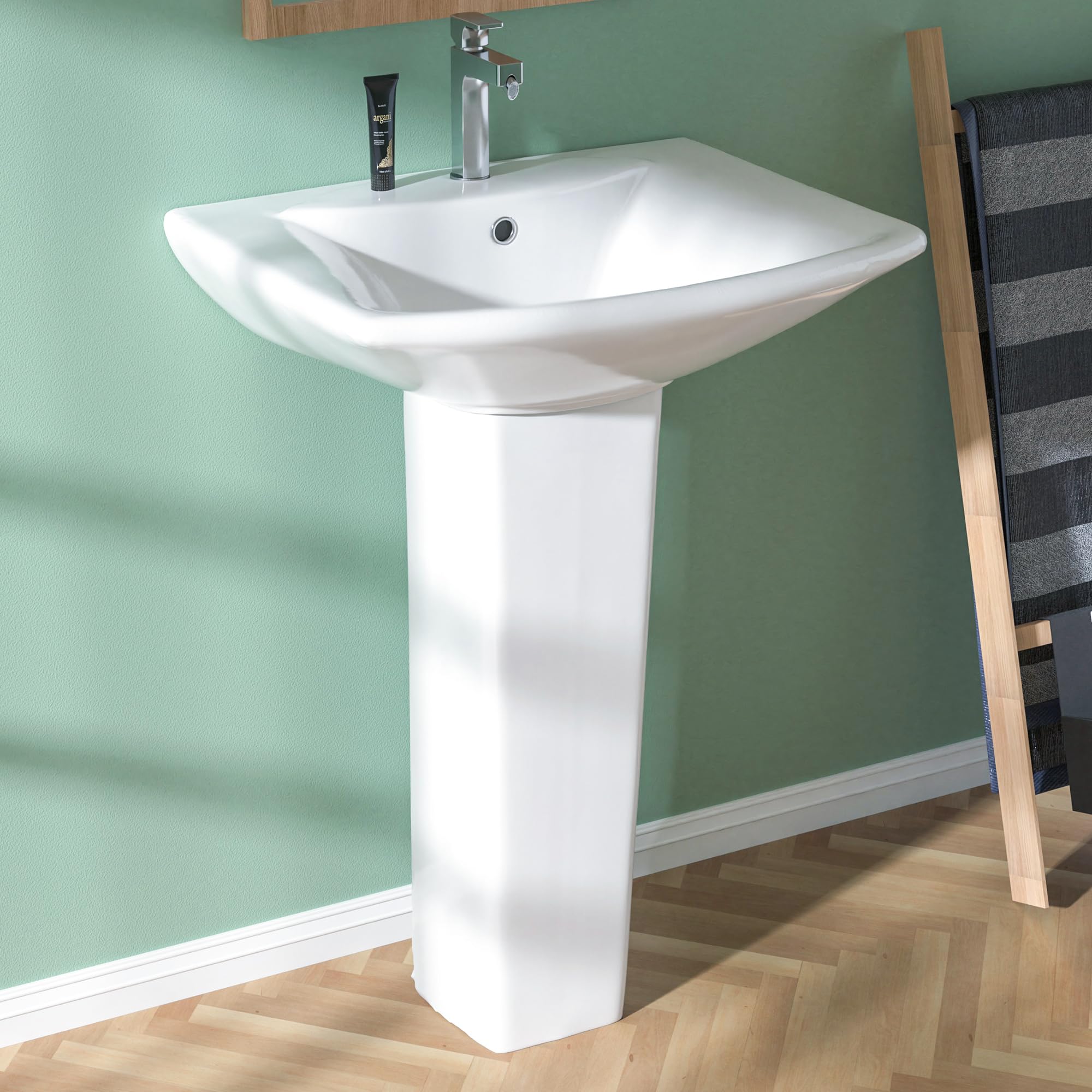 Pedestal Sink 24 Inch - 1 Hole Porcelain Pedestal Sink Combo for Bathroom, 24"Dx19"Wx33.5"H, White Color, with 1 Overflow Hole & 1 Faucet Hole