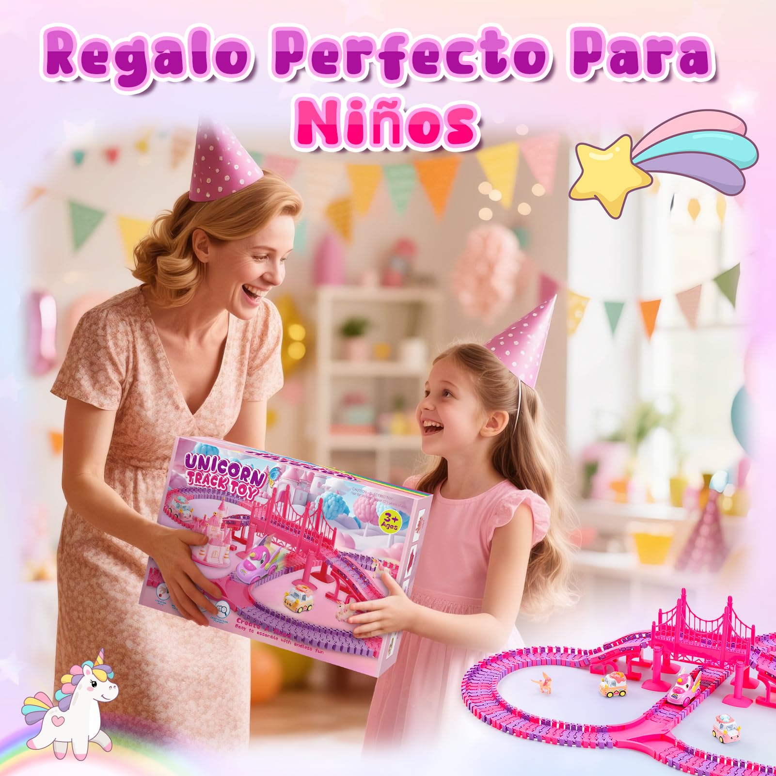 iKidiki Unicornios para Niñas 3 4 5 6 7 8 Años, Pista de Coches para Niños Regalo Juguetes Niña 3-8 Años Pista Coches Flexible Juguetes para Niñas Pistas Tiburon Niña Regalos Cumpleaños Niños