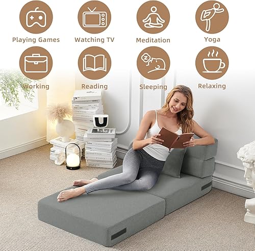 Miniatura 4 de Sofá cama plegable convertible  Silla de cama con almohada, moderna tela de lino para suelo y futón, colchón plegable para sala de