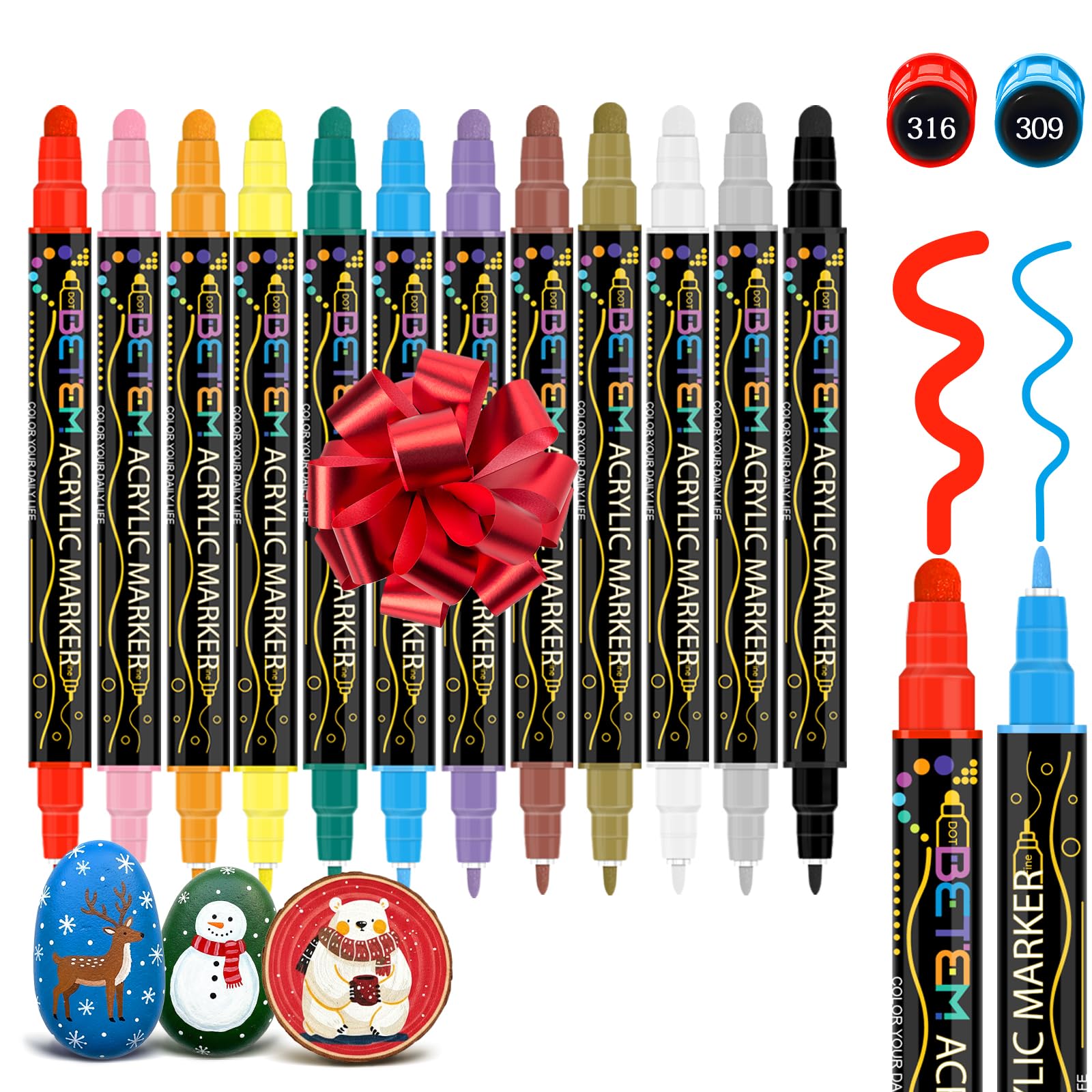 Betem 12 Colors Dual Tip Acrylic Paint Pens Markers, Premium Acrylic Paint Markers Stocking Stuffers for Rock, Wood, Fabric, Glass, Canvas, Ceramic, Christmas Gifts for Teens DIY Crafts Art Supplies