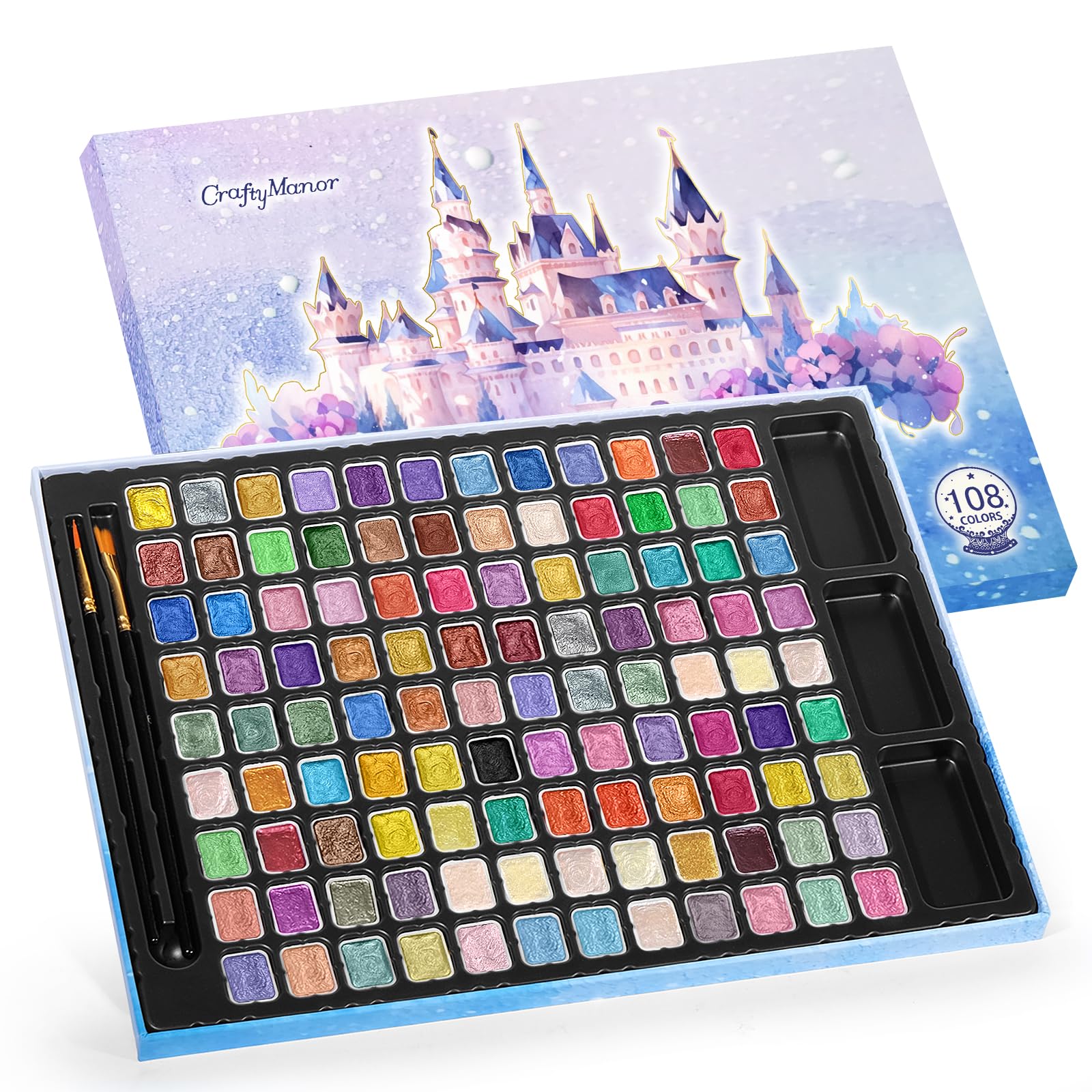 CraftyManor Mini Glitter Watercolor Paint Set with Paper, 108 Colors Shimmer Metallic Watercolour Painting Sets, Solid Pearl Water Color Paints for Adult, 1ml Trial Package