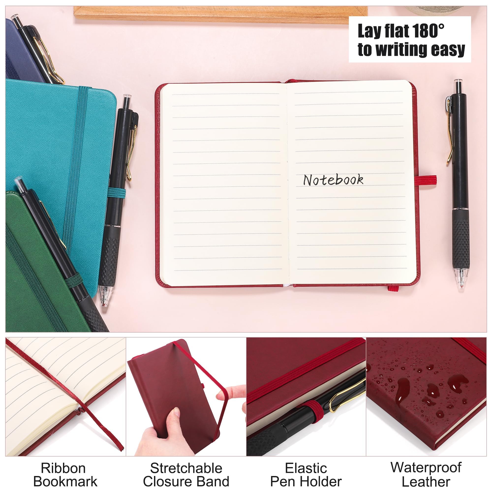 Aodaer 50 juegos de cuadernos de bolsillo con bolígrafos, 160 páginas, 3.5 x 5.5 pulgadas, mini cuaderno rayado A6 de cuero de tapa dura con soporte para bolígrafo para la escuela, oficina, multicolor