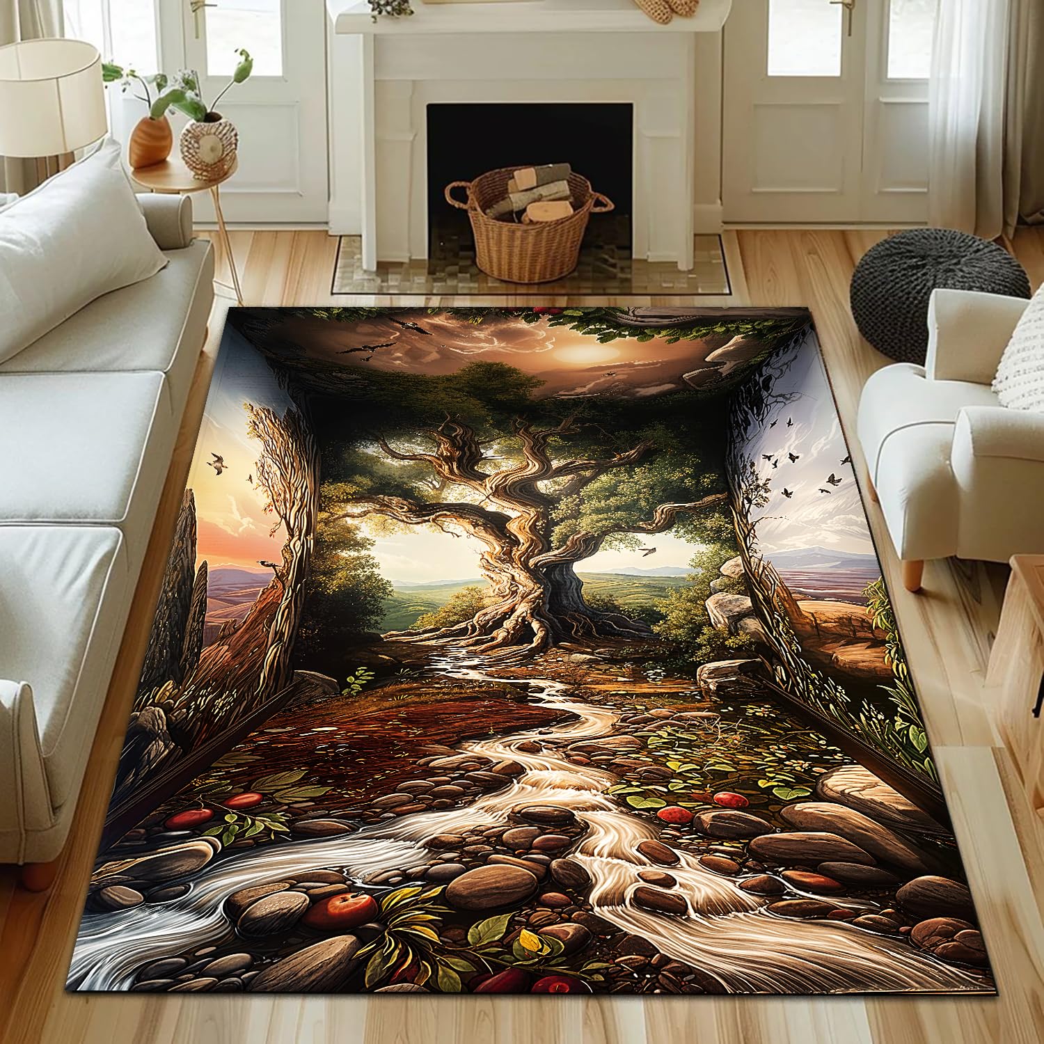 Owingus Design 3D Stone Well Rug, 3D Water and Stone Themed Decorative Carpet, Colorful Vortex Trippy Realistic Area Rugs for Living Room Bedroom