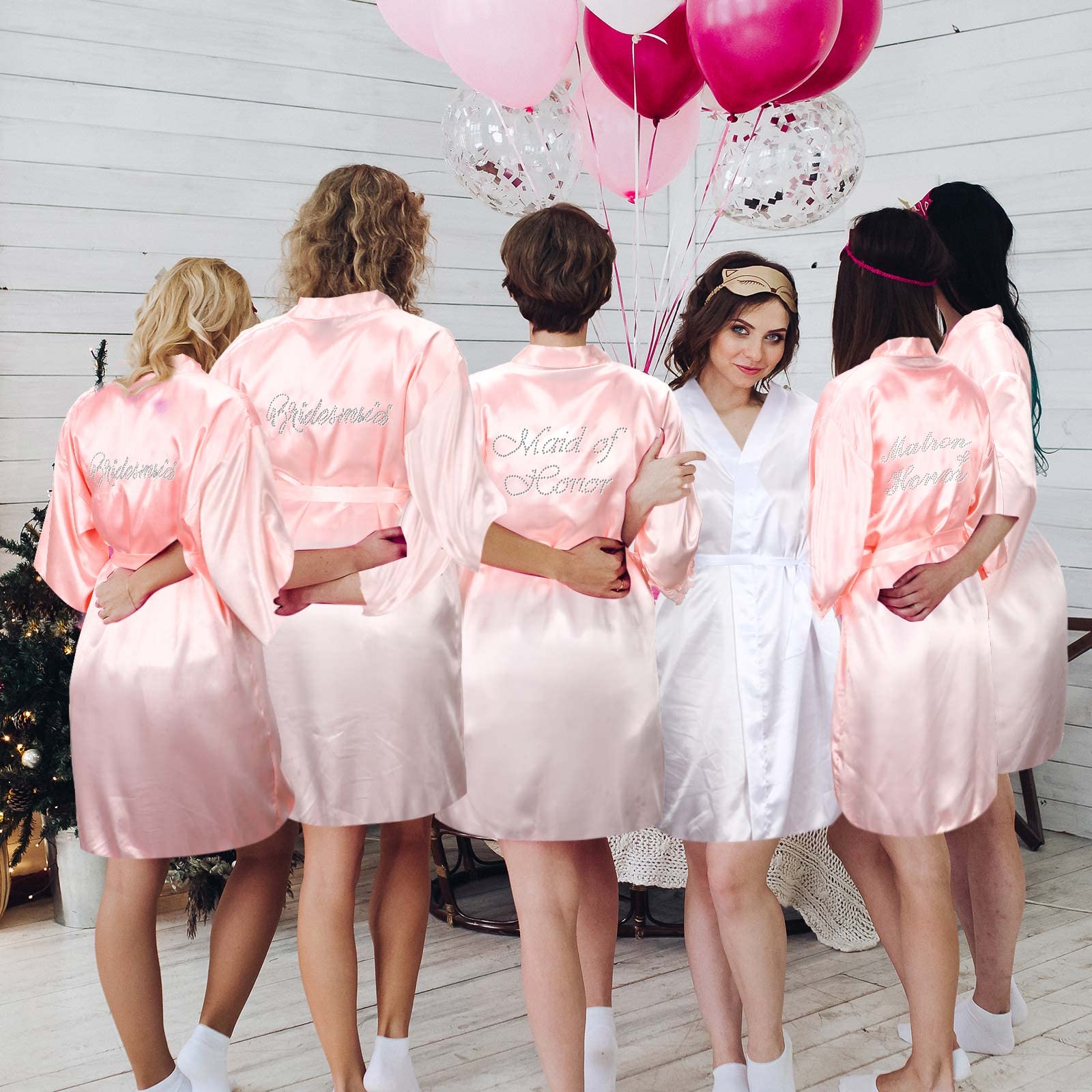 Lot de 7 peignoirs en satin pour demoiselle d'honneur - Pour fête de mariage, blanc/rose, taille unique