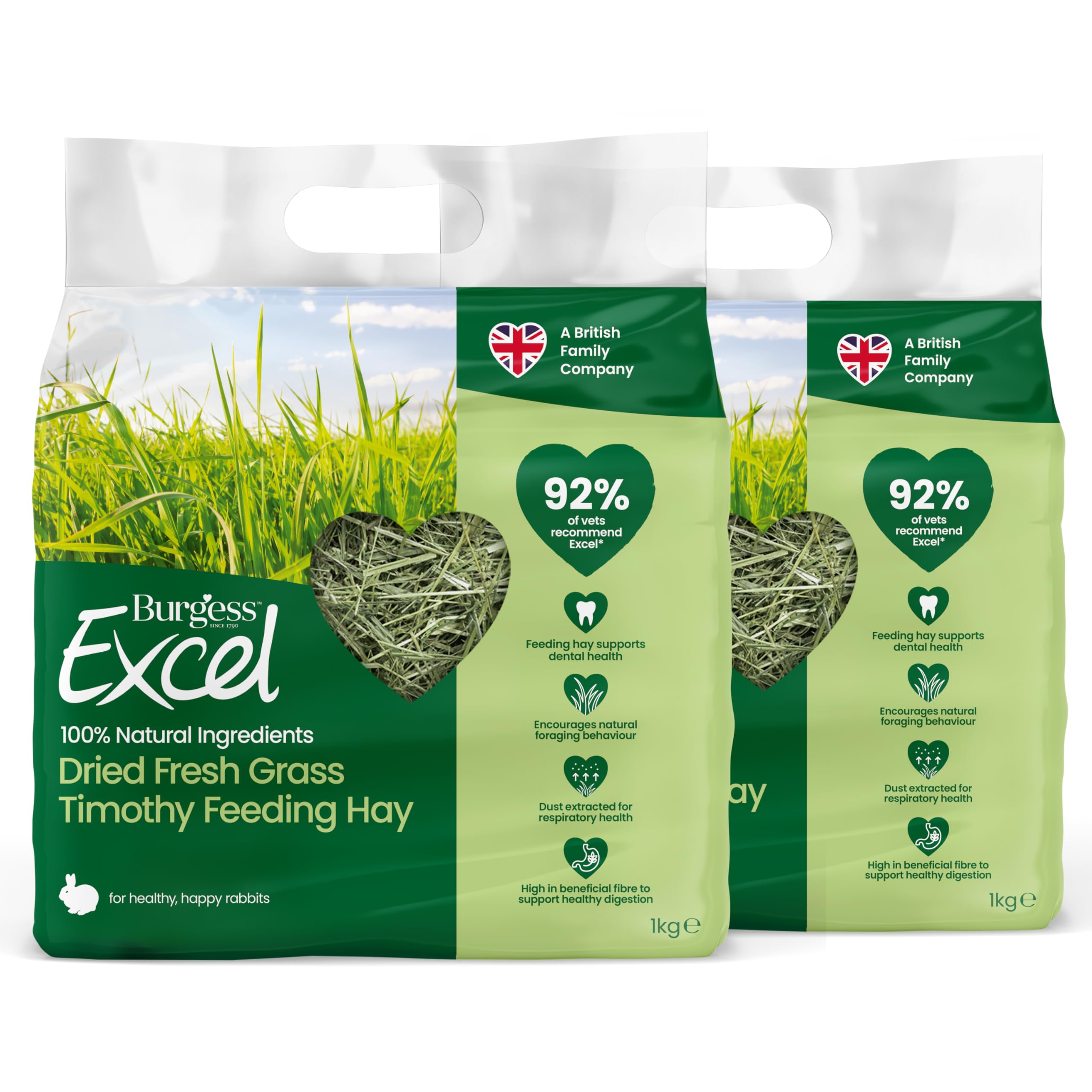Burgess Excel Dried Fresh Grass Feeding Hay, 2kg – Dust Extracted Feeding Hay for Rabbits - 100% Natural (Pack of 2)