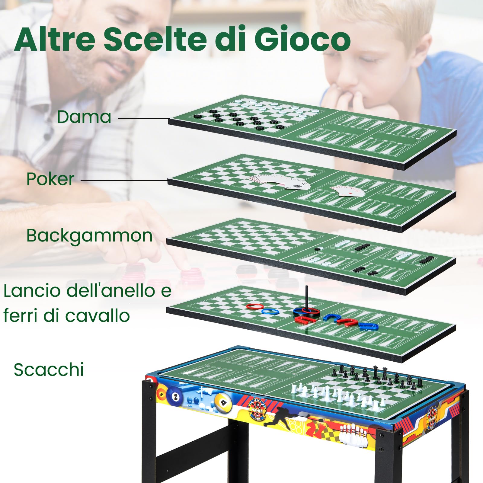 GYMAX Tavolo da Gioco 12-in-1 Combinato, Tavolo Multi-Gioco da 121 cm con Calcetto, Biliardo, Ping Pong, Hockey, Bowling, Shuffleboard e Altro Ancora, Set Tavolo Combo per Bambini e Adulti