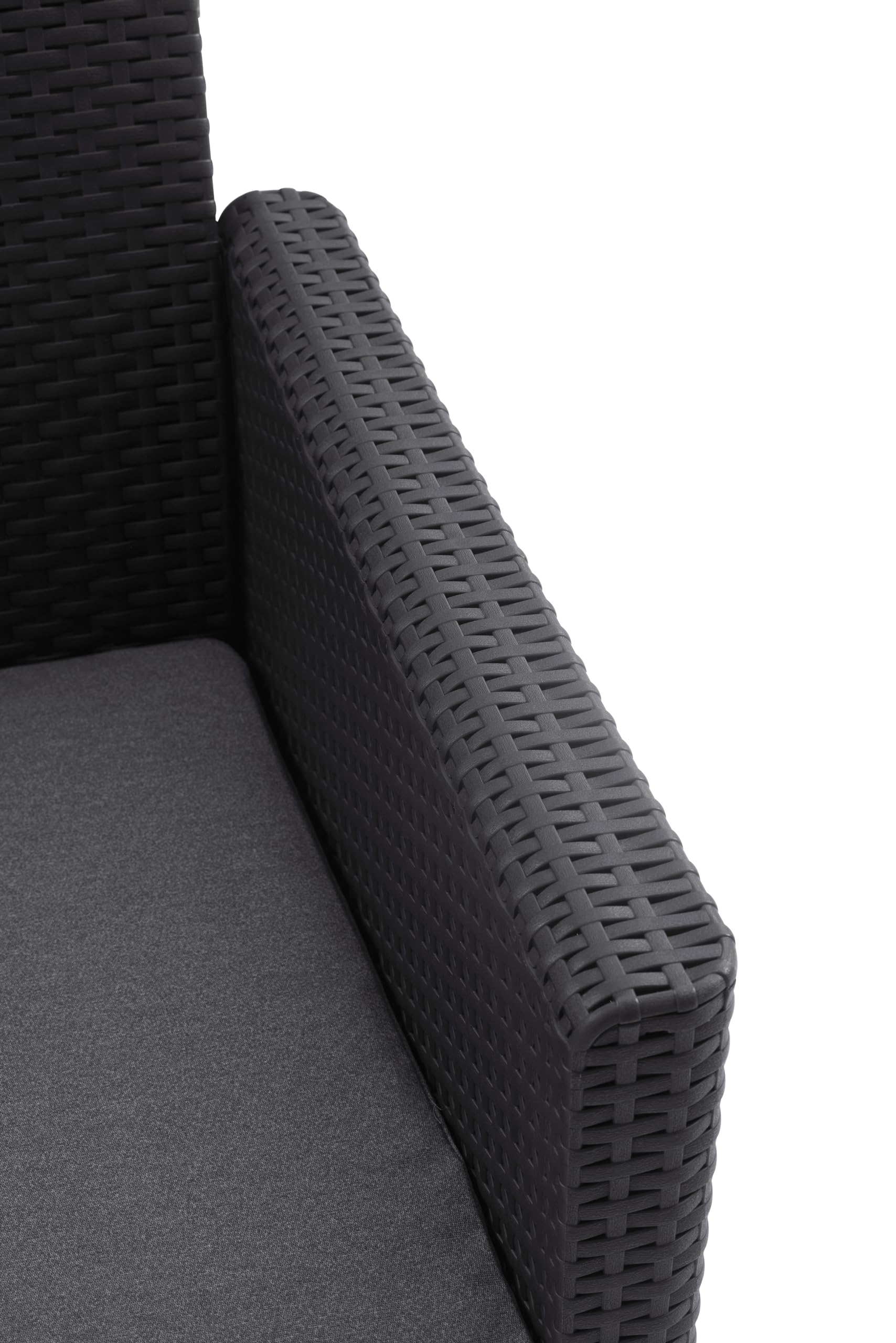 Keter Nora Conjunto de jardín Exterior 4 plazas con Cojines incluidos y Mesa de almacenaje Auxiliar de 35L, Posibilidad de 2 configuraciones de Montaje (2+2 o 3+1), Color Grafito