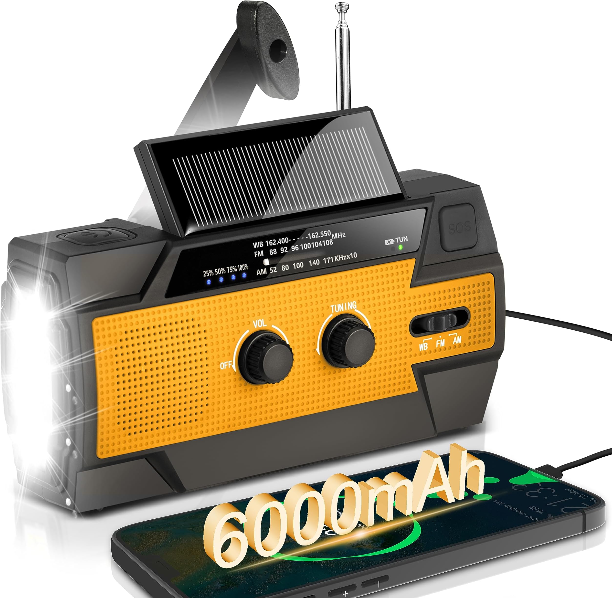 6000mAh Emergency Weather Radio, Solar Hand Crank Portable NOAA Weather Radio with 1W Flashlight & Motion Sensor Reading Lamp, Cell Phone Charger, and SOS Alarm, for Home and Emergency