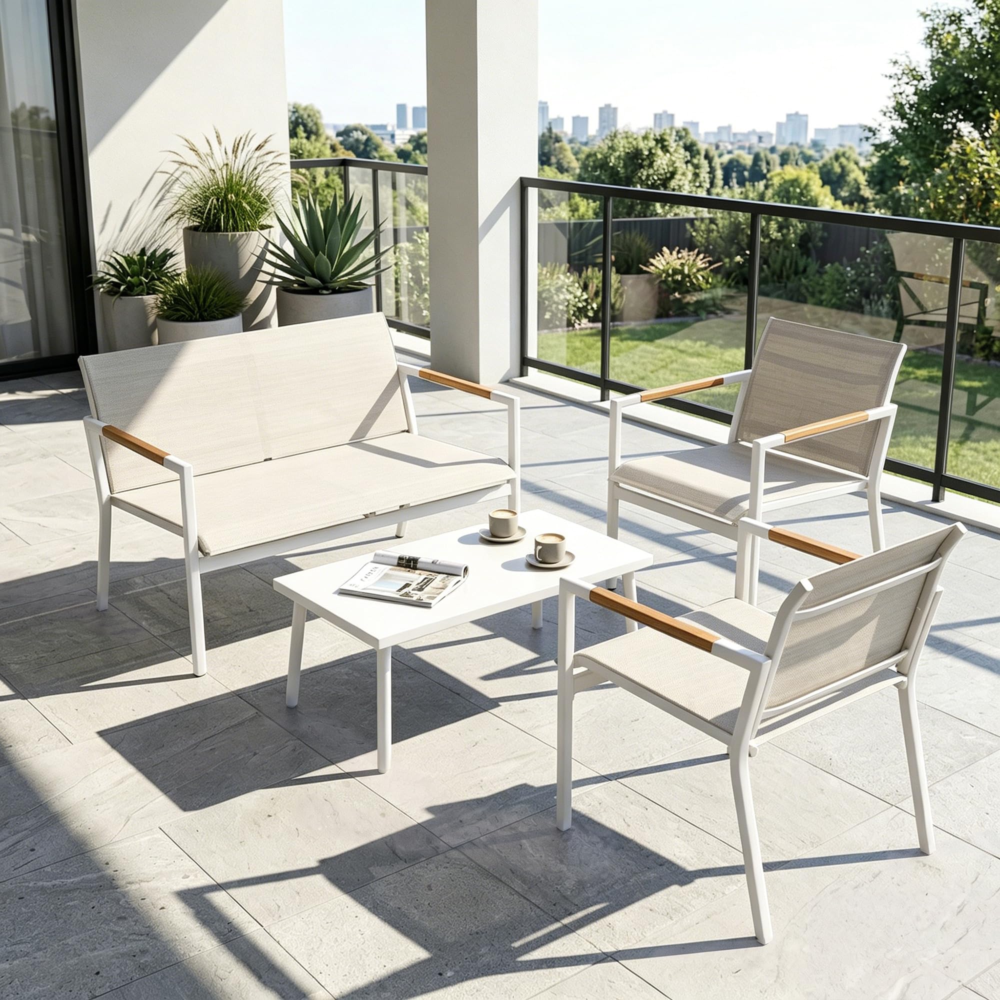 Outsunny Salon de Jardin 4 Pièces en Textilène, Canapé 2 Places, 2 Fauteuils, Table Basse avec Plateau en Métal, Ensemble de Mobilier de Jardin pour Balcon Terrasse, Crème