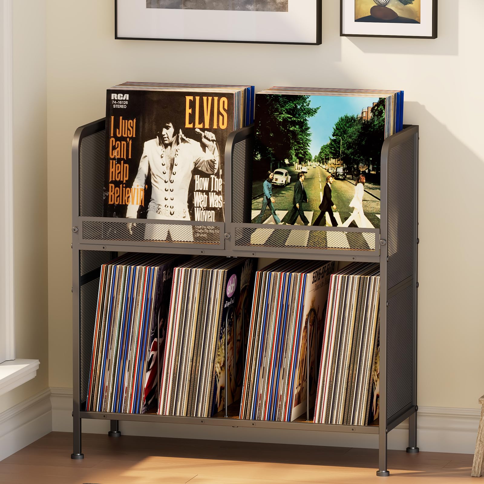 Vinyl Record Storage with 2 Tier, Record Holder Up to 260 Albums, Vintage Record Stand for Living Room Bedroom and Corner