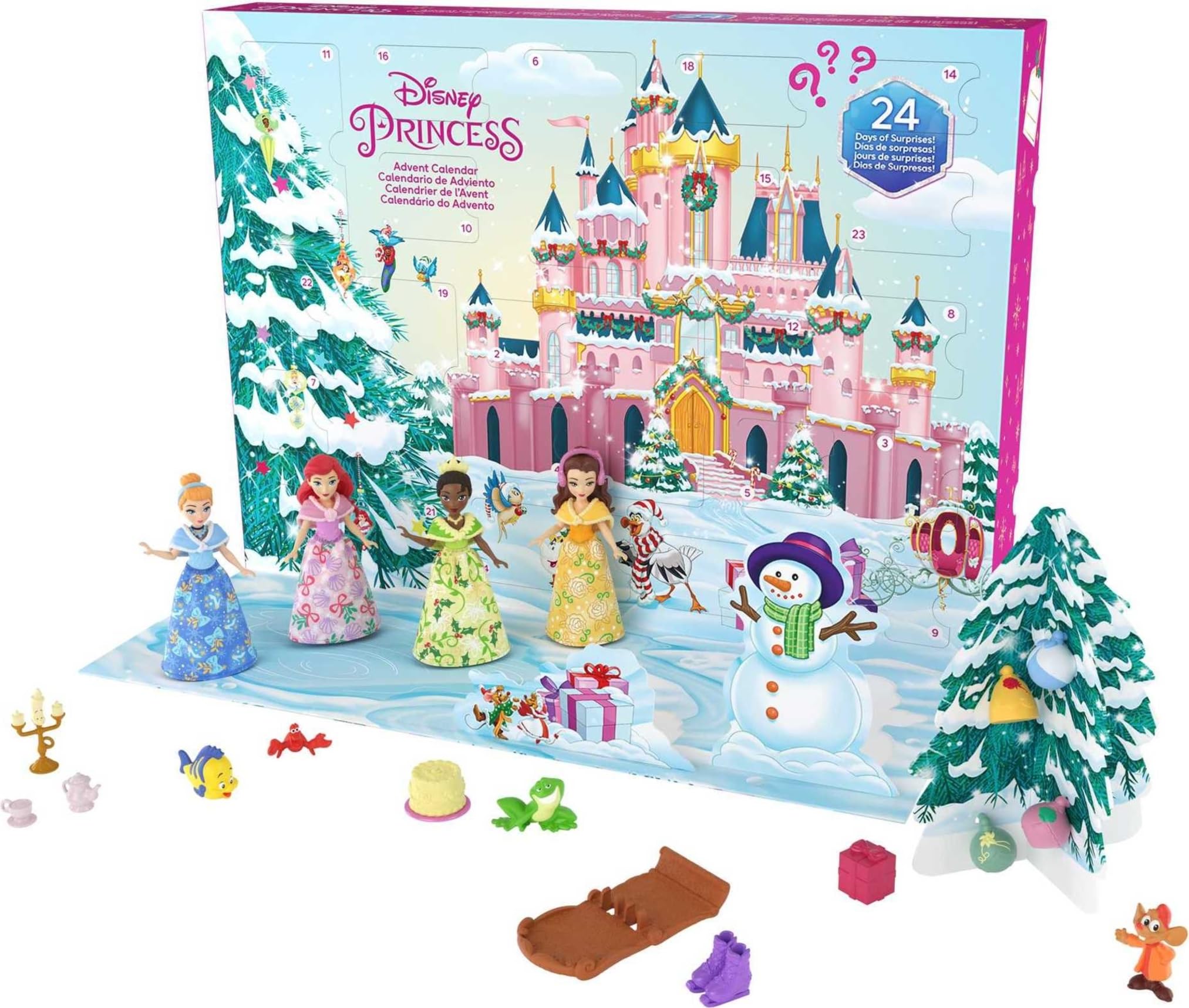 Disney Princess Toys, Advent Calendar with 24 Days of Surprises, Including 4 Princess Small Dolls, 5 Friends and 16 Accessories, Inspired by Disney Movies, HLX06