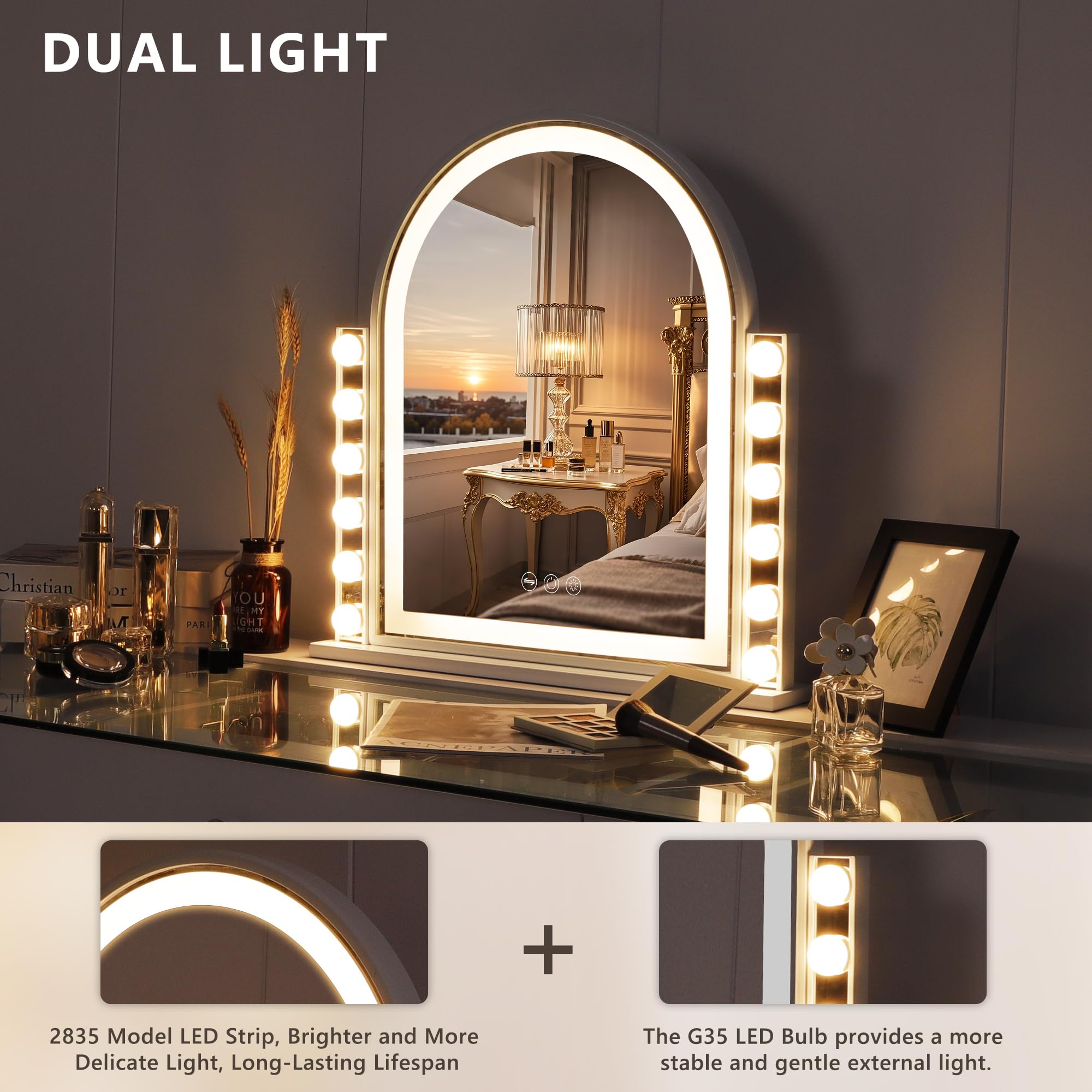 FENCHILIN Schminkspiegel mit Beleuchtung 59.5x57cmHollywood Spiegel mit 12 Dimmbare und Lichtleiste 3 Farbmodi Bogenförmiger Spiegel mit Beleuchtung Touch Steurung HD Gehärtetes Glas Weiß