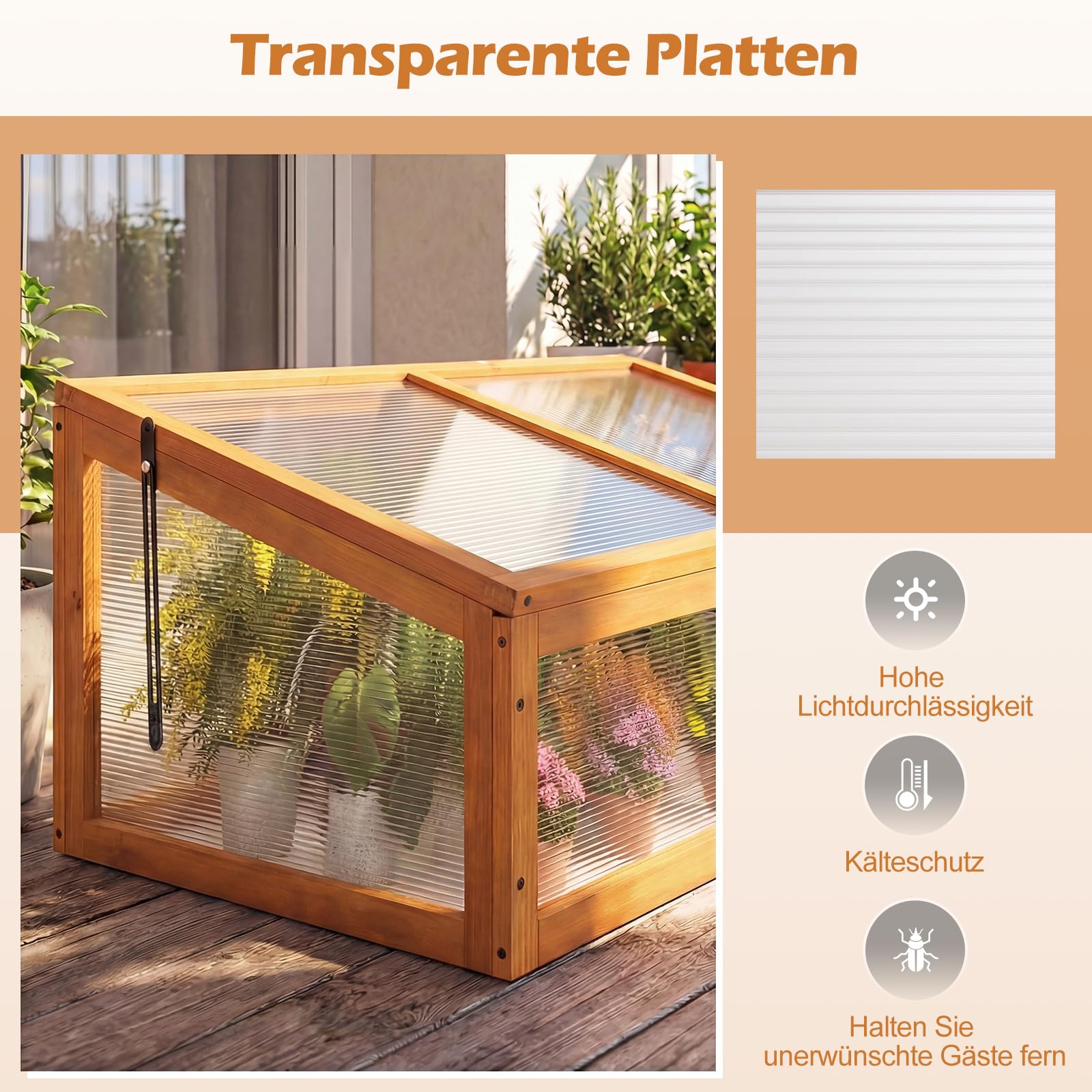 COSTWAY Frühbeet Gewächshaus, mini Treibhaus, Frühbeetaufsatz, Hochbeet Abdeckung, Frühbeetkasten Aufsatz für Garten, Terrasse & Balkon, 94 x 63 x 40 cm (Orange)