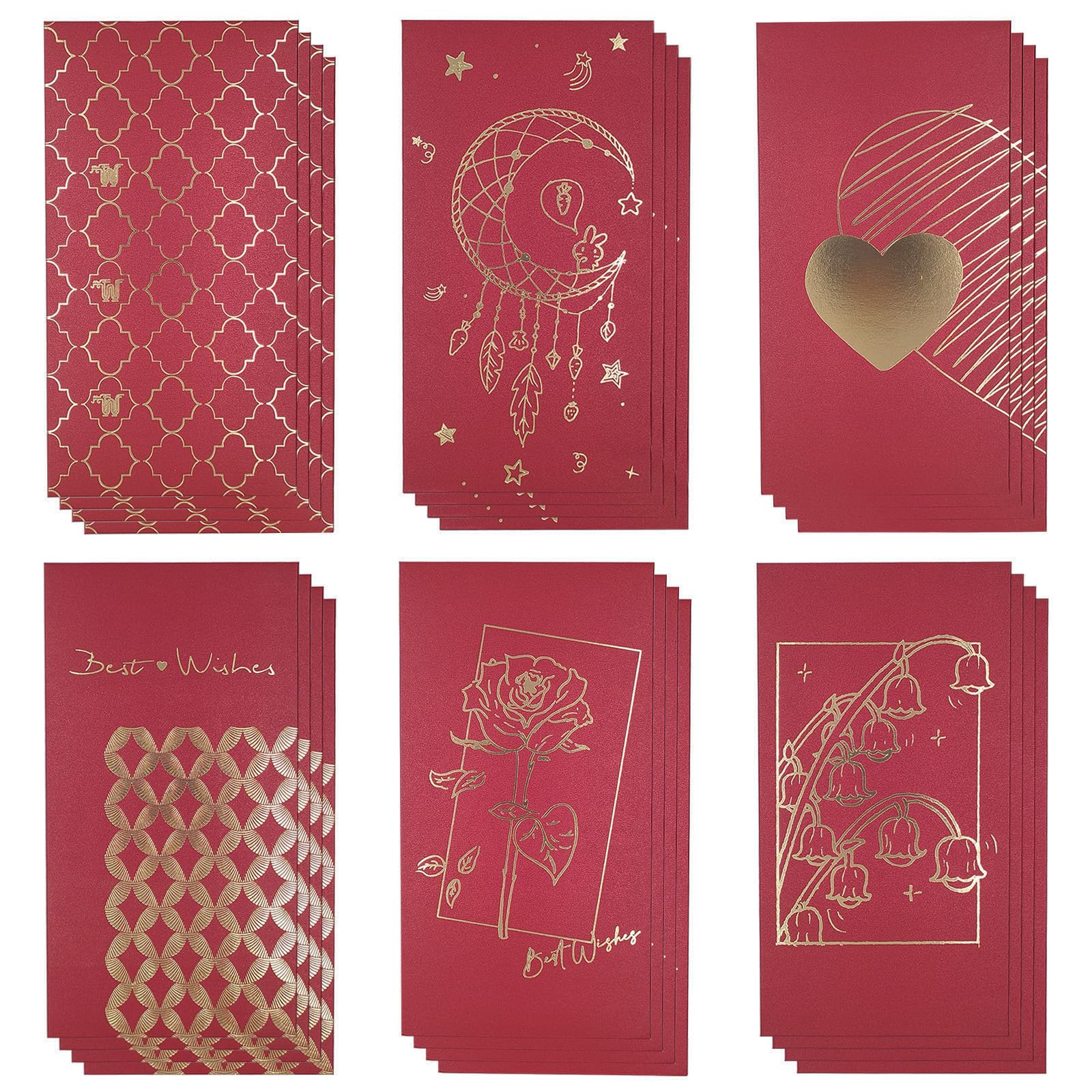 Lot de 24 enveloppes rouges pour argent liquide, Hong Bao, pour le Nouvel An chinois, le printemps, le festival, un anniversaire, un mariage, 6 motifs (24 enveloppes porte-bonheur)