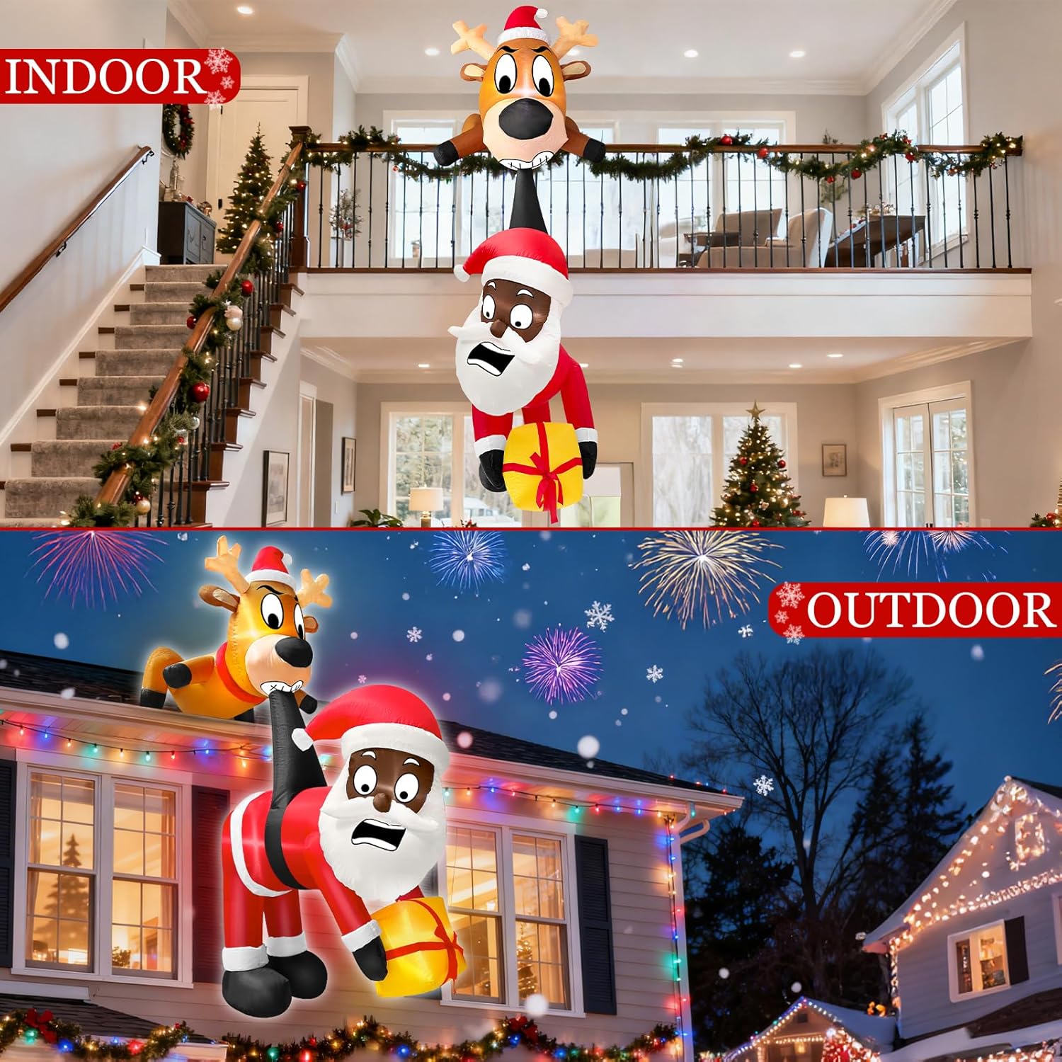 6 Ft Christmas Inflatable Reindeer & Climbing Black Santa Claus, Funny Hanging Outdoor Decoration with Built-in LED Light, Christmas Blow Up Yard Decor for Beam Roof Tree Indoor Home Party Lawn Decor - Image 5