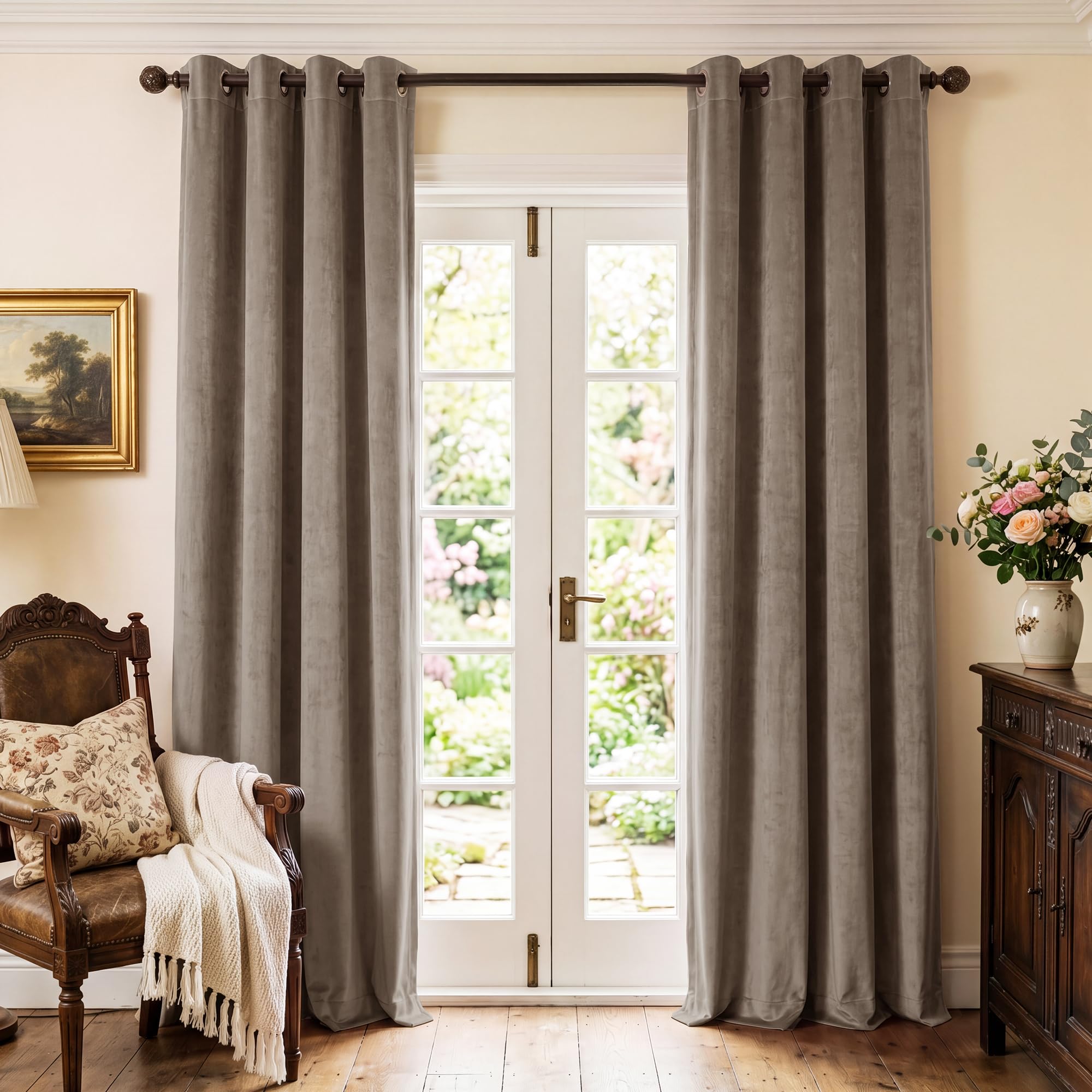 StangH Taupe Velvet Curtains 108 inches - Extra Long Blackout Sliding Door Curtains Thick Texture 100% Privacy Protect for Den Hotel Room Divider Used, Taupe, W52 x L108, 2 Panels — image 1