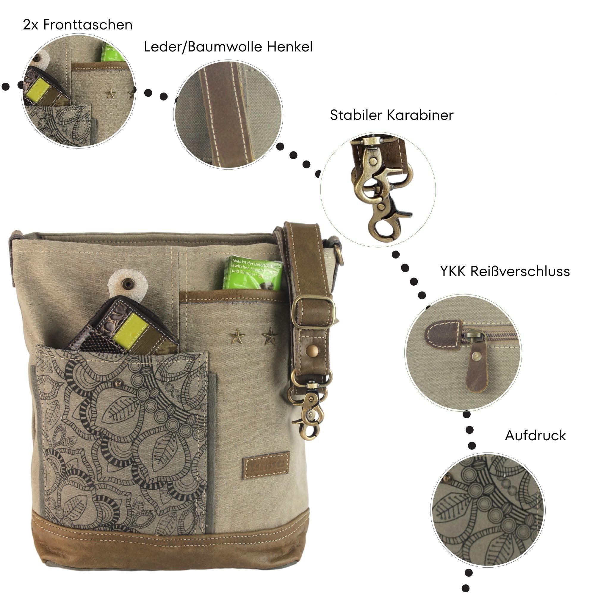 Sunsa Umhängetasche Damen groß Handtasche mit vielen Fächern Tasche aus Canvas & Leder. Vintage Tasche in Kahkigrün. Mandala Design Schultertasche Shopper Arbeitstasche Frauen Crossbody Damentasche