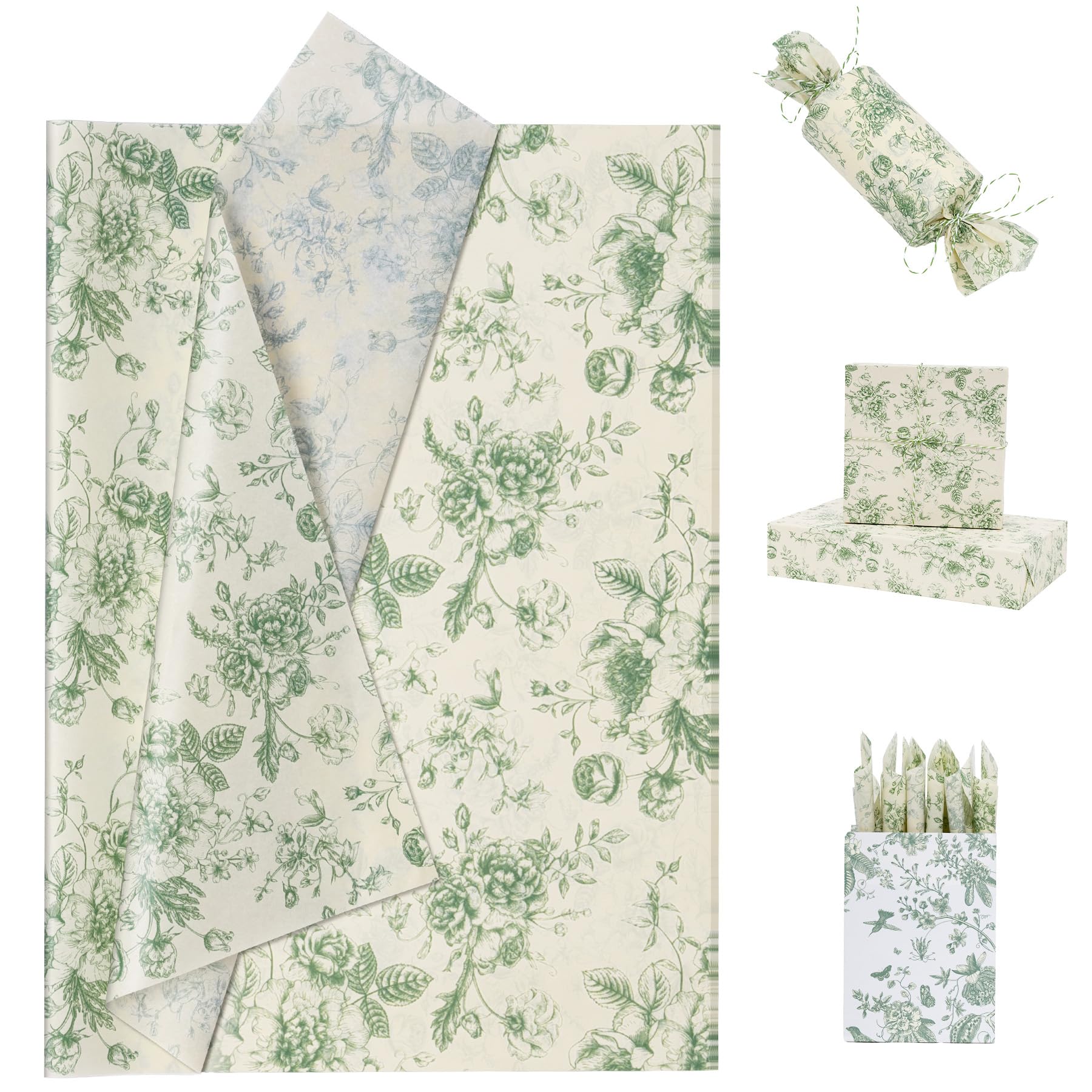 Larcenciel Vintage Floral Tissue Paper, 60 Sheets Dark Green Tissue Paper for Wrapping Gifts, Rose Peony Patterned Gift Wrapping Paper, Matte Art Bouquet Paper for Wedding, Birthday, Party, 50x35CM