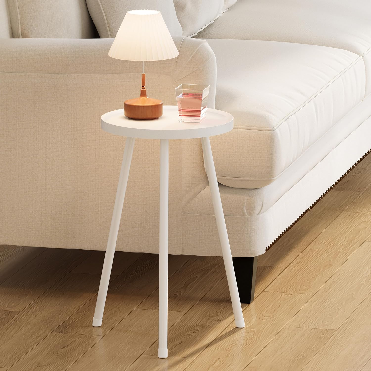 Round Side Table, Small End Table, Drink Table for Couch, Mini Tea Table for Sofa, Modern Accent Nightstand for Small Space, Living Room Bedroom LET521W