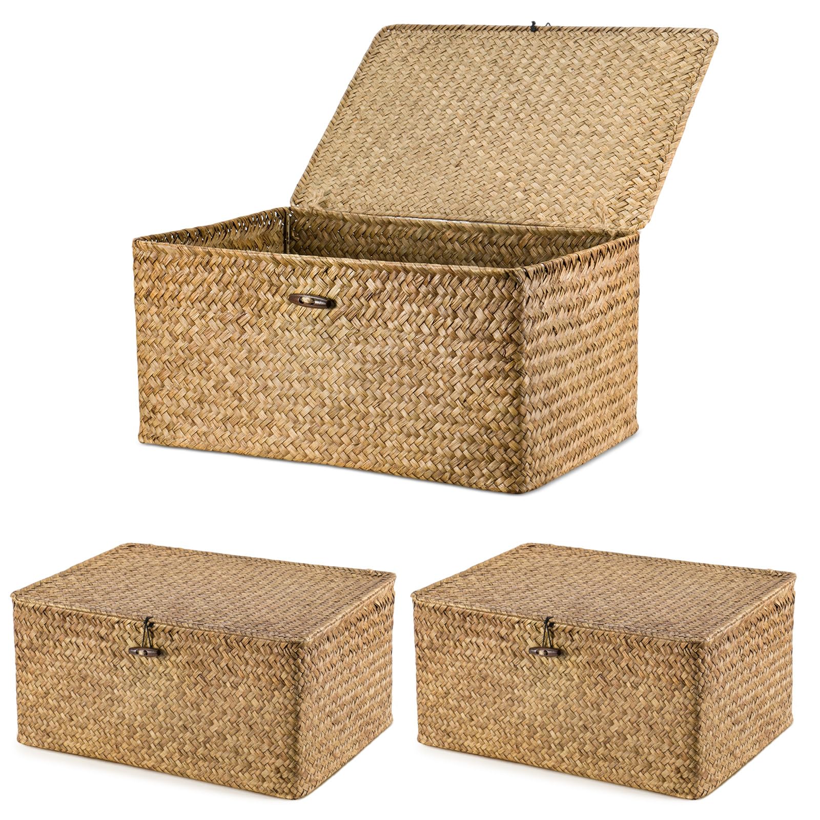 BLUE BAZAAR Storage Boxes with Lids 40x28x19cm Seagrass Storage Basket with Lid Woven Wicker Desktop Basket Gift Hamper Basket for Living Room Decorative Bathroom (Brown, 3PCS)
