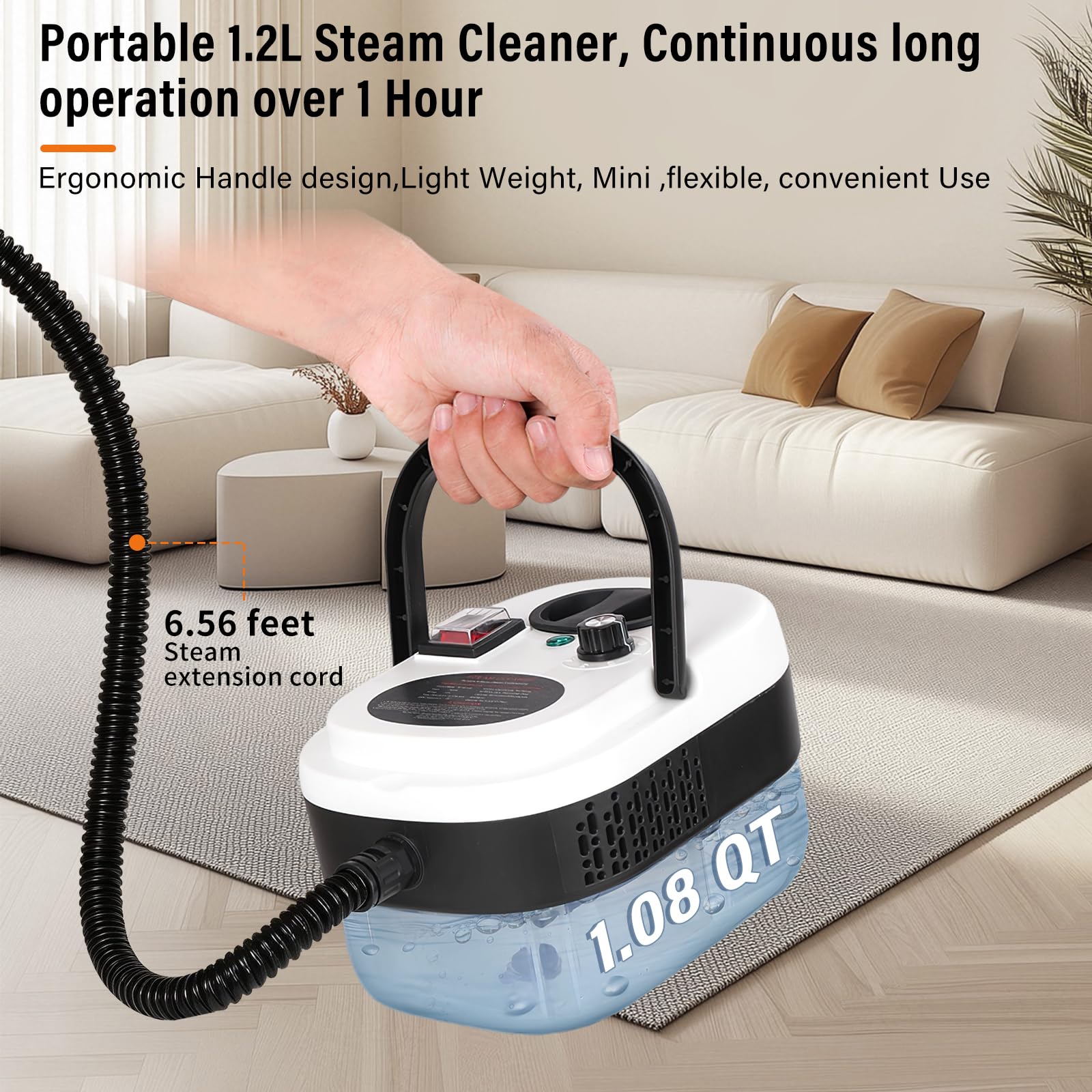 Mixoo Nettoyeur vapeur, poignée réglable à 6 niveaux, chauffage en 15 secondes, réservoir de 1,08 l, cuiseur vapeur portable pour nettoyage avec 6 accessoires pour la saleté, la graisse, le joint, le
