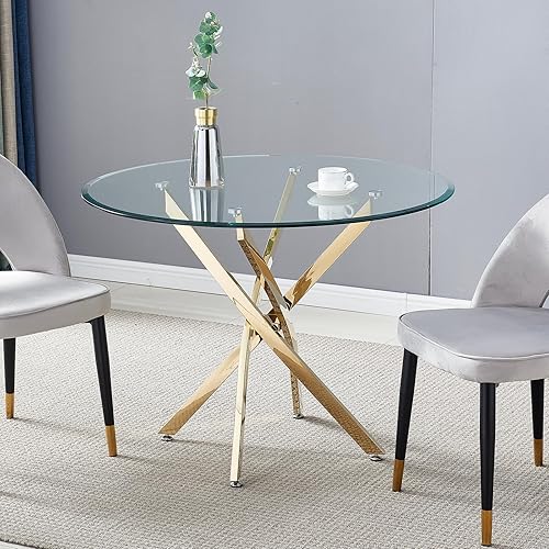 Mesa de comedor redonda pequeña de 36 pulgadas, moderna mesa de comedor de vidrio templado, mesa de cocina circular con patas de acero inoxidable