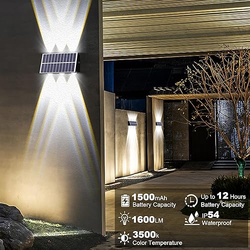 Miniatura 2 de REINHARDT Luces solares para exteriores para cerca, luces solares de pared arriba y abajo, luces solares impermeables para exteriores, para patio,