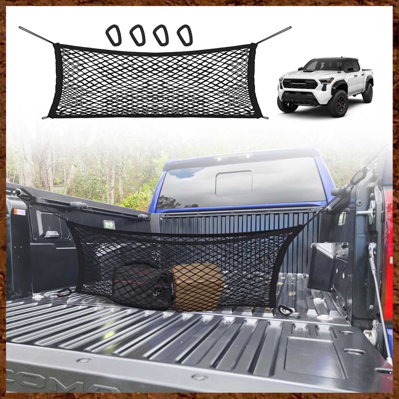 Muslogy Truck Bed Cargo Net Envelope Style Compatible with 2024 Toyota Tacoma Accessories Elastic Mesh Bed Net Stretchable Cargo Organizer with Hooks and Stainless Screw Replacement