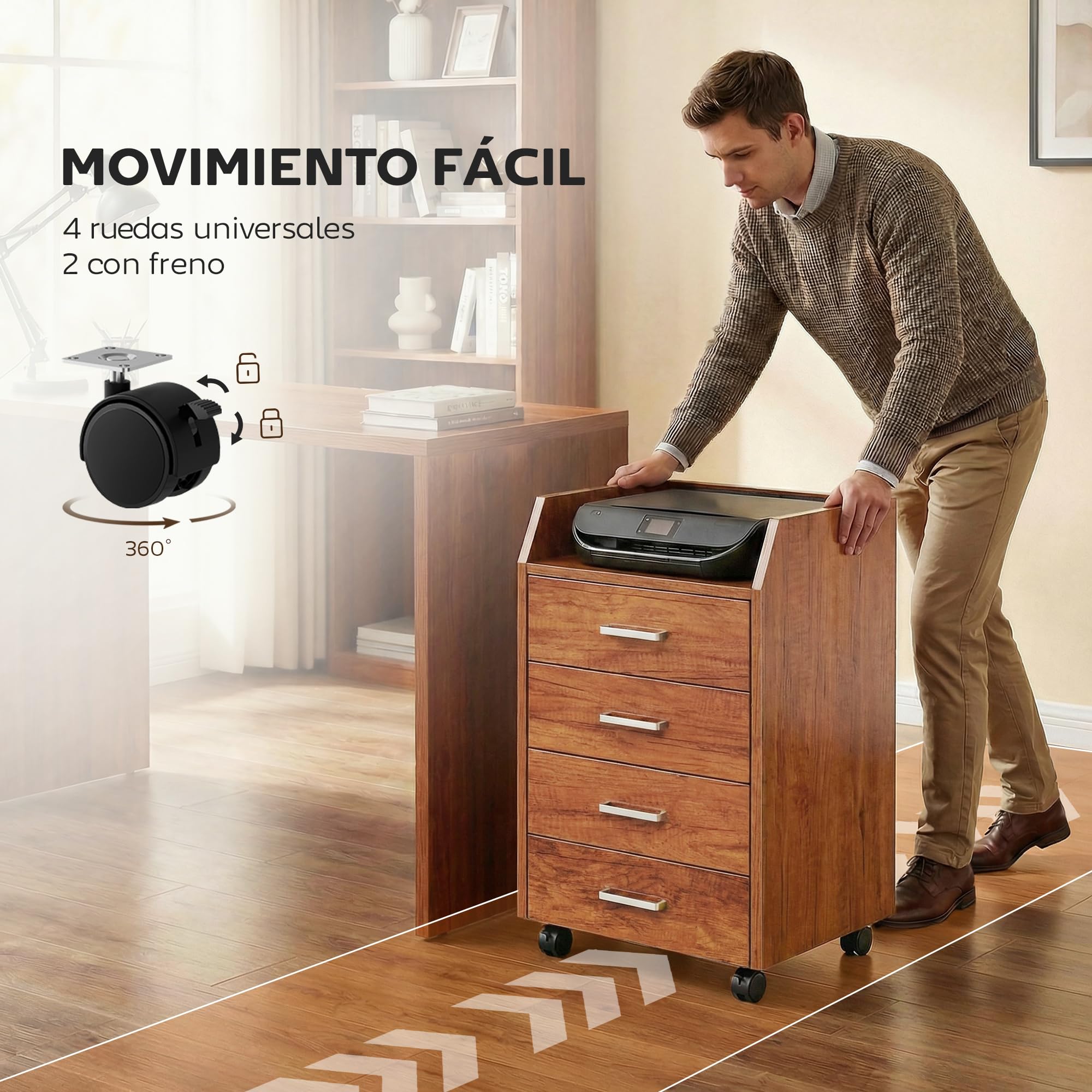 Vinsetto Cassettiera da scrivania con ruote, cassettiera da ufficio con 4 cassetti, schedario mobile per studio, salotto, da posizionare sotto la scrivania, 40x36x65 cm, marrone