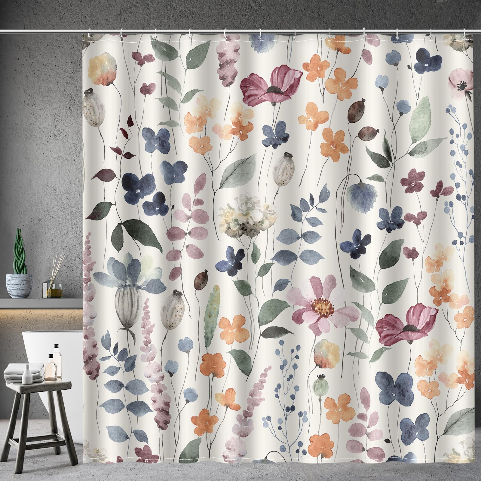 Aimego Spring Floral Shower Curtain -Colorful Watercolor Ink Flowers Plant Summer Nature Botanical Fabric Cloth Bath Shower Curtain Set with 12 Hooks
